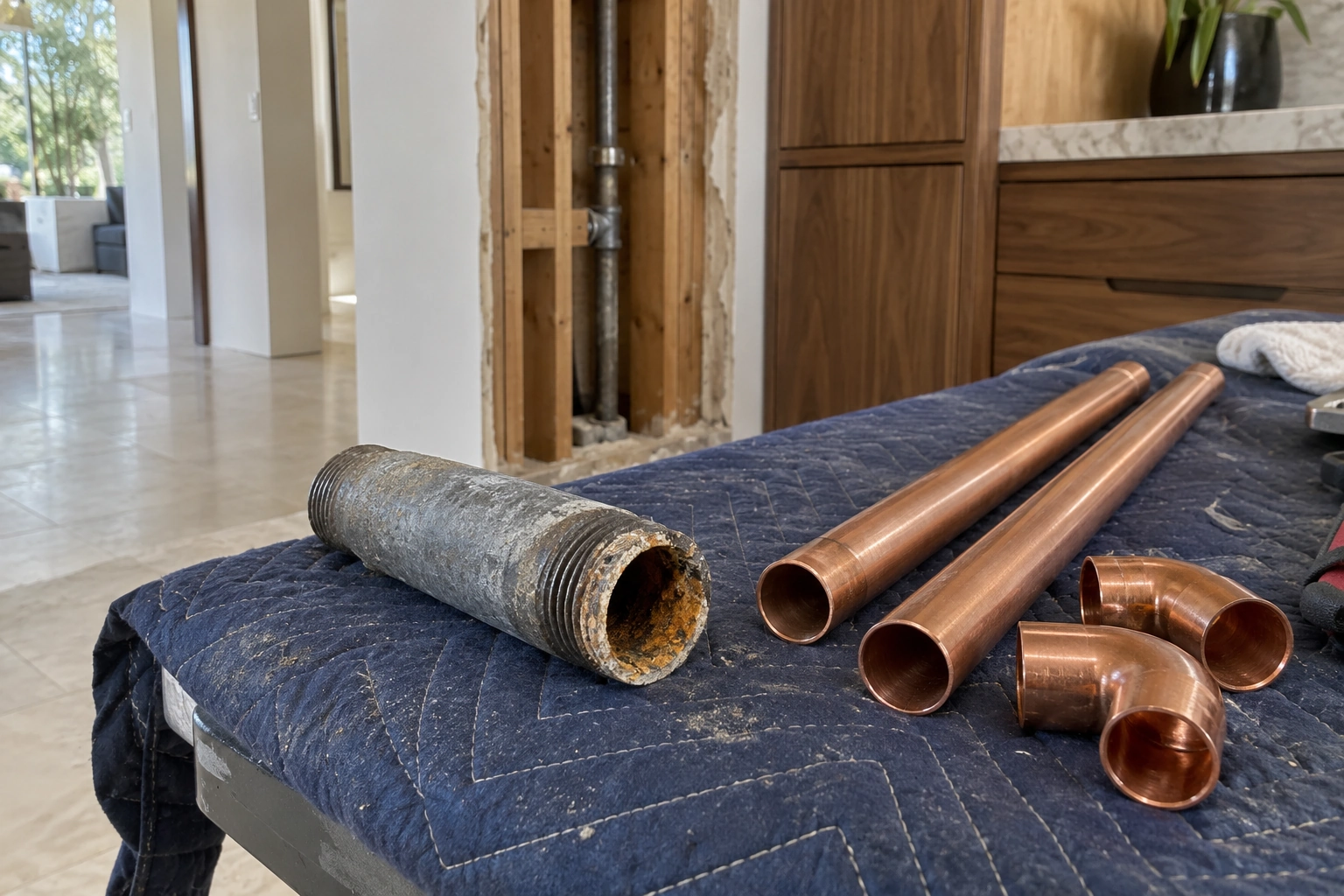Removed galvanized pipe showing interior buildup beside new copper tubing and fittings on a padded bench