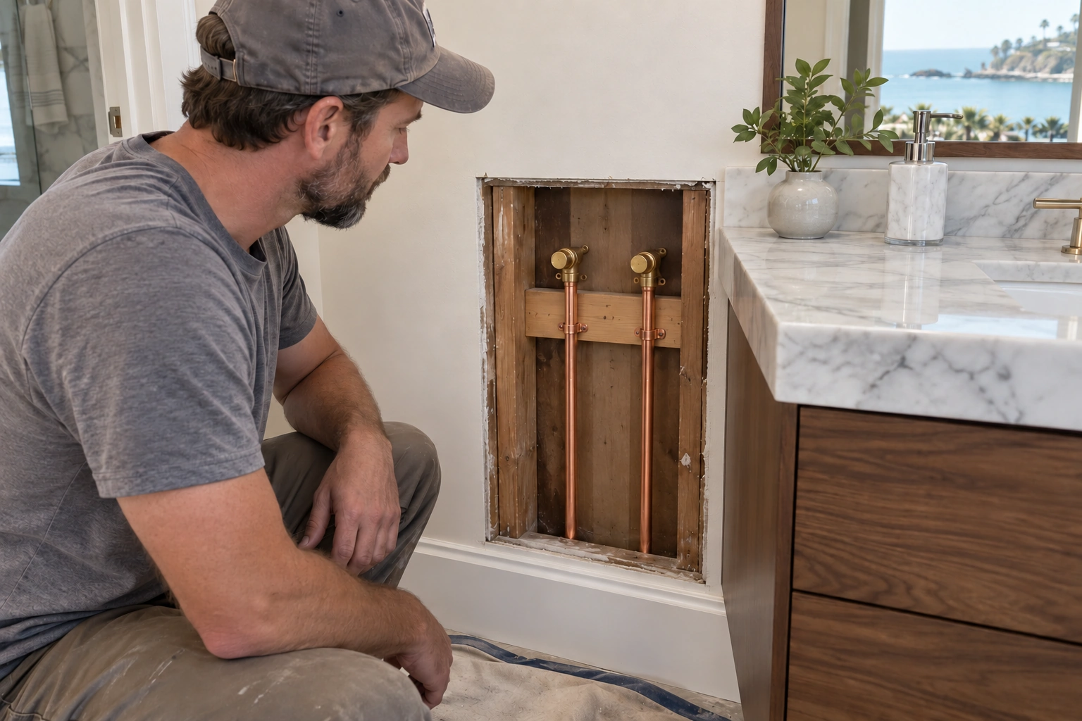 Separate copper water lines secured to blocking with capped fixture connections beside a luxury vanity