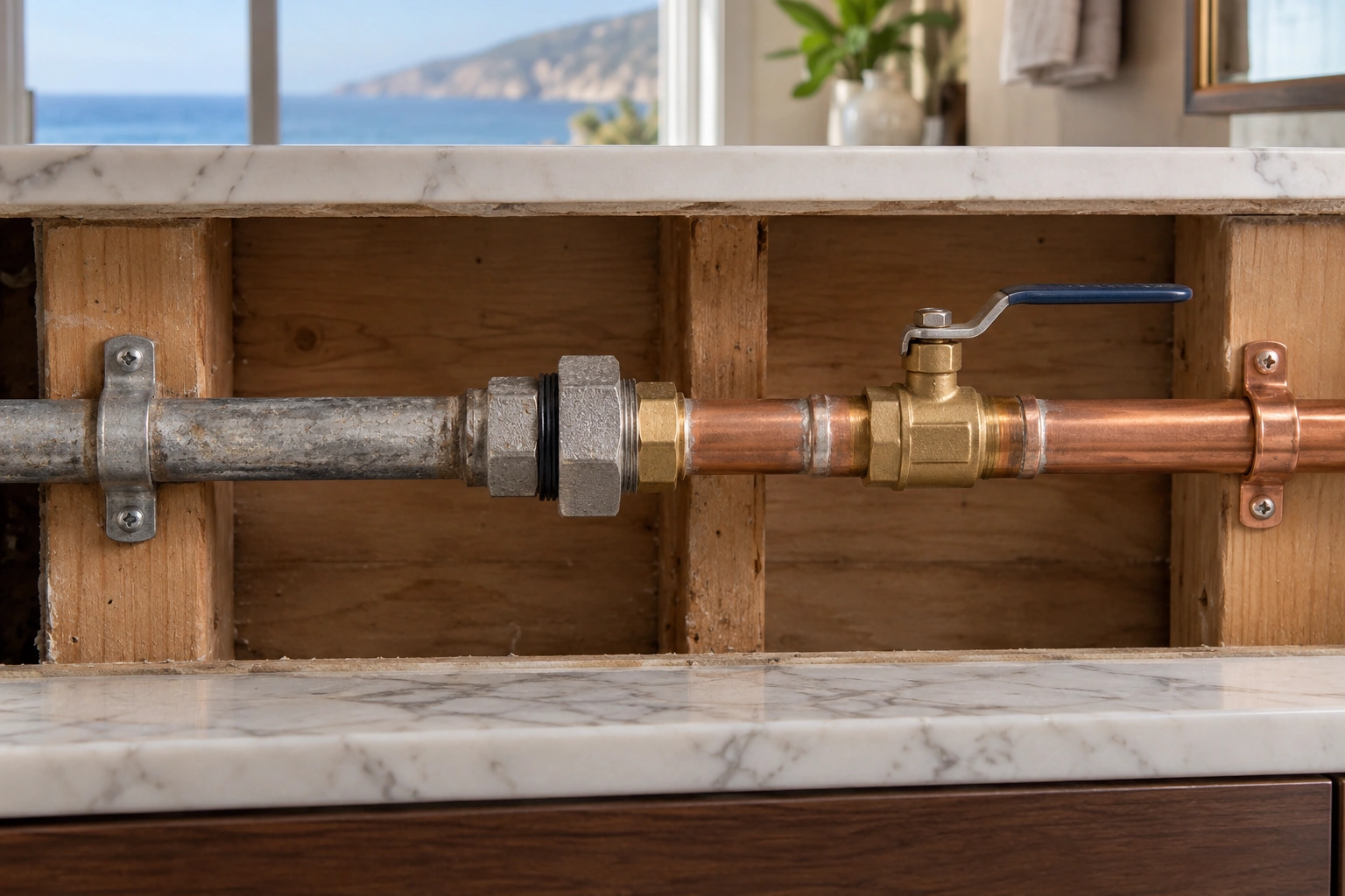 Accessible dielectric union joining a retained galvanized water line to new copper with an inline brass shutoff valve