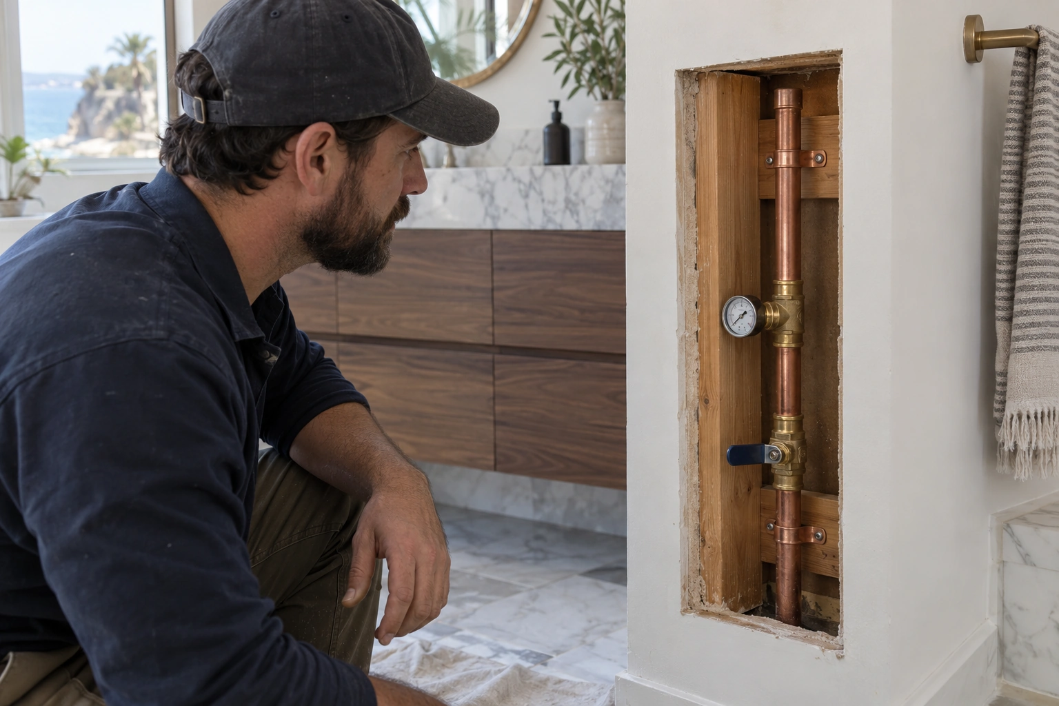 Plumber reviewing an analog gauge on a capped copper branch above a closed isolation valve
