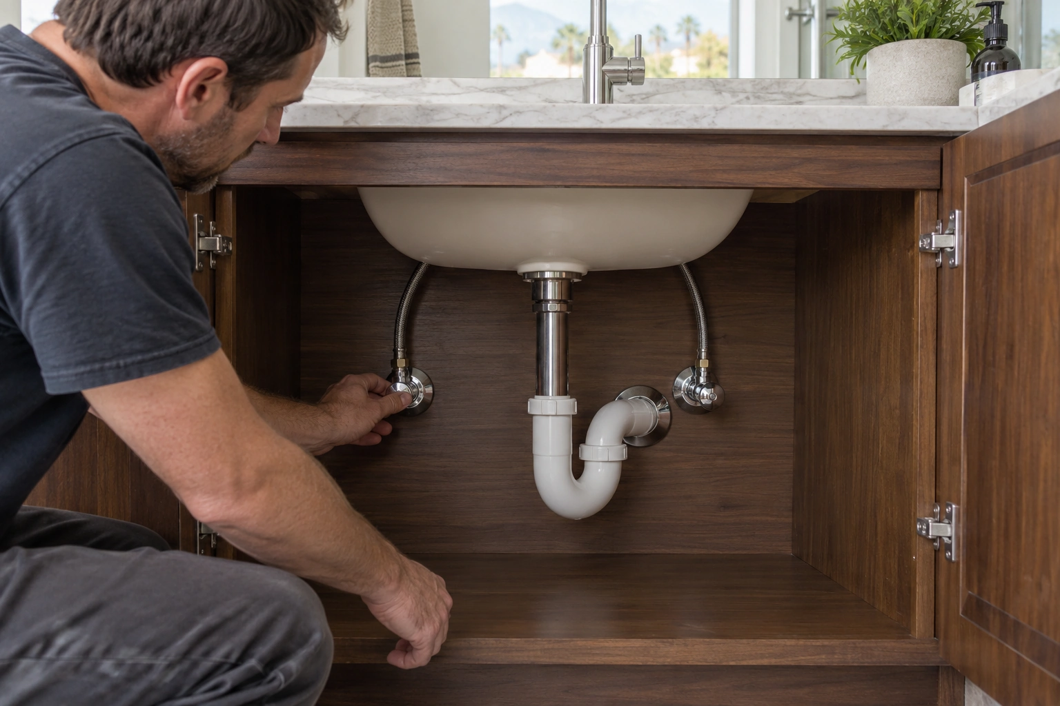 Installer checking two independent fixture supply connections inside a luxury walnut vanity