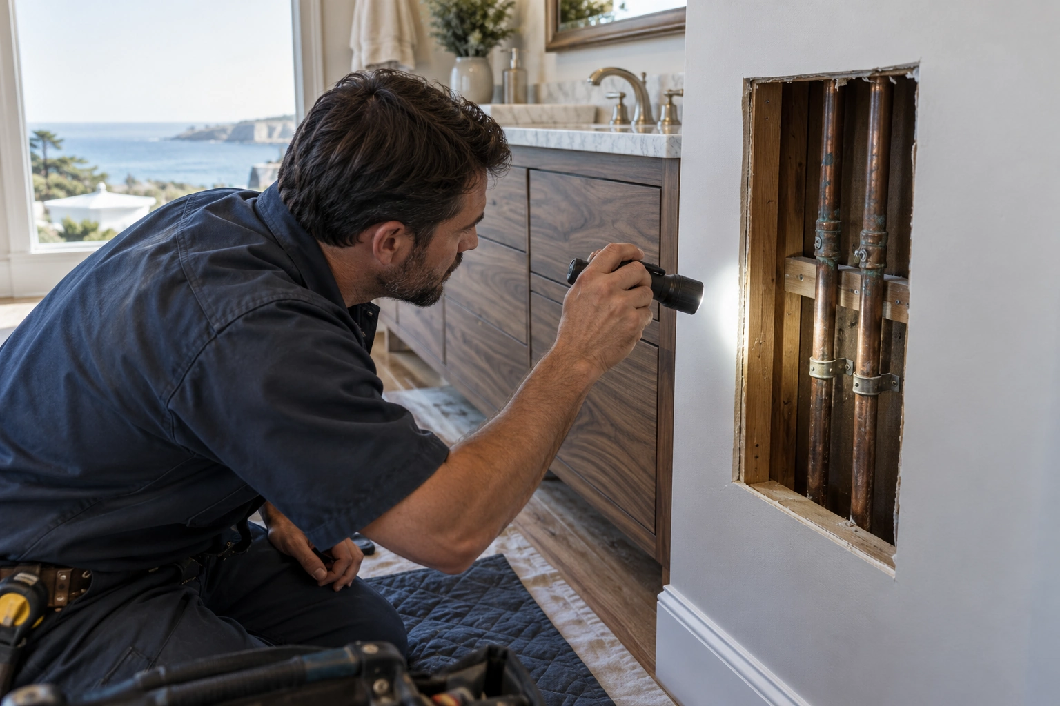 Plumber inspecting two aging copper water lines through a wall opening beside a luxury vanity