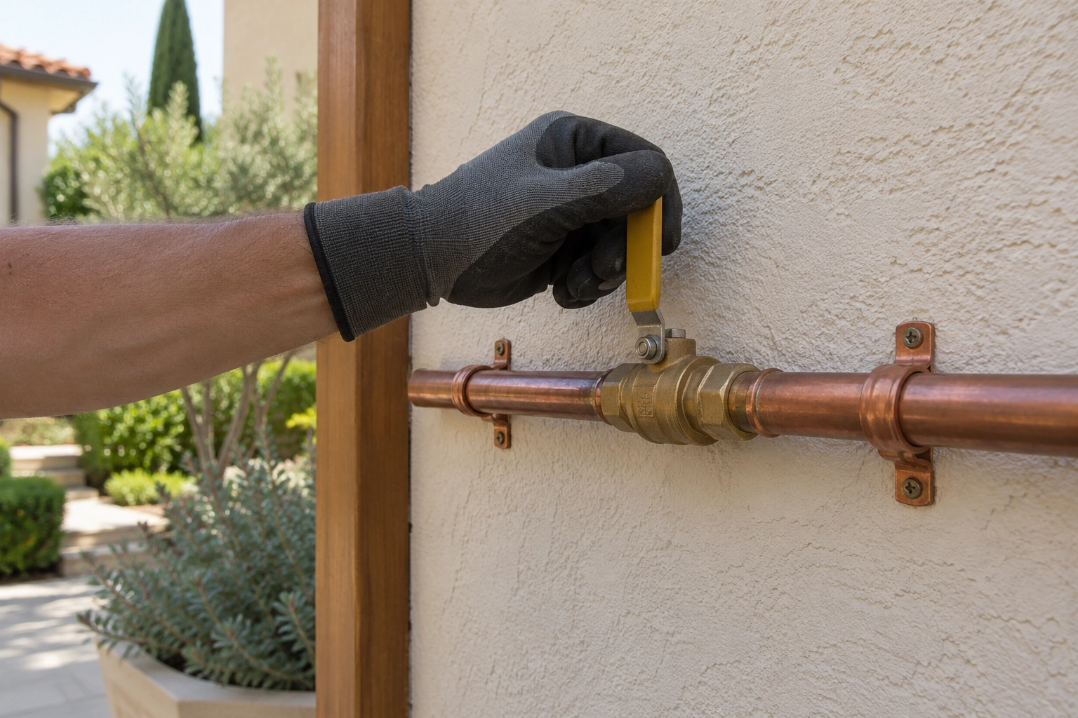 Gloved hand closing a brass ball valve on a supported copper water pipe