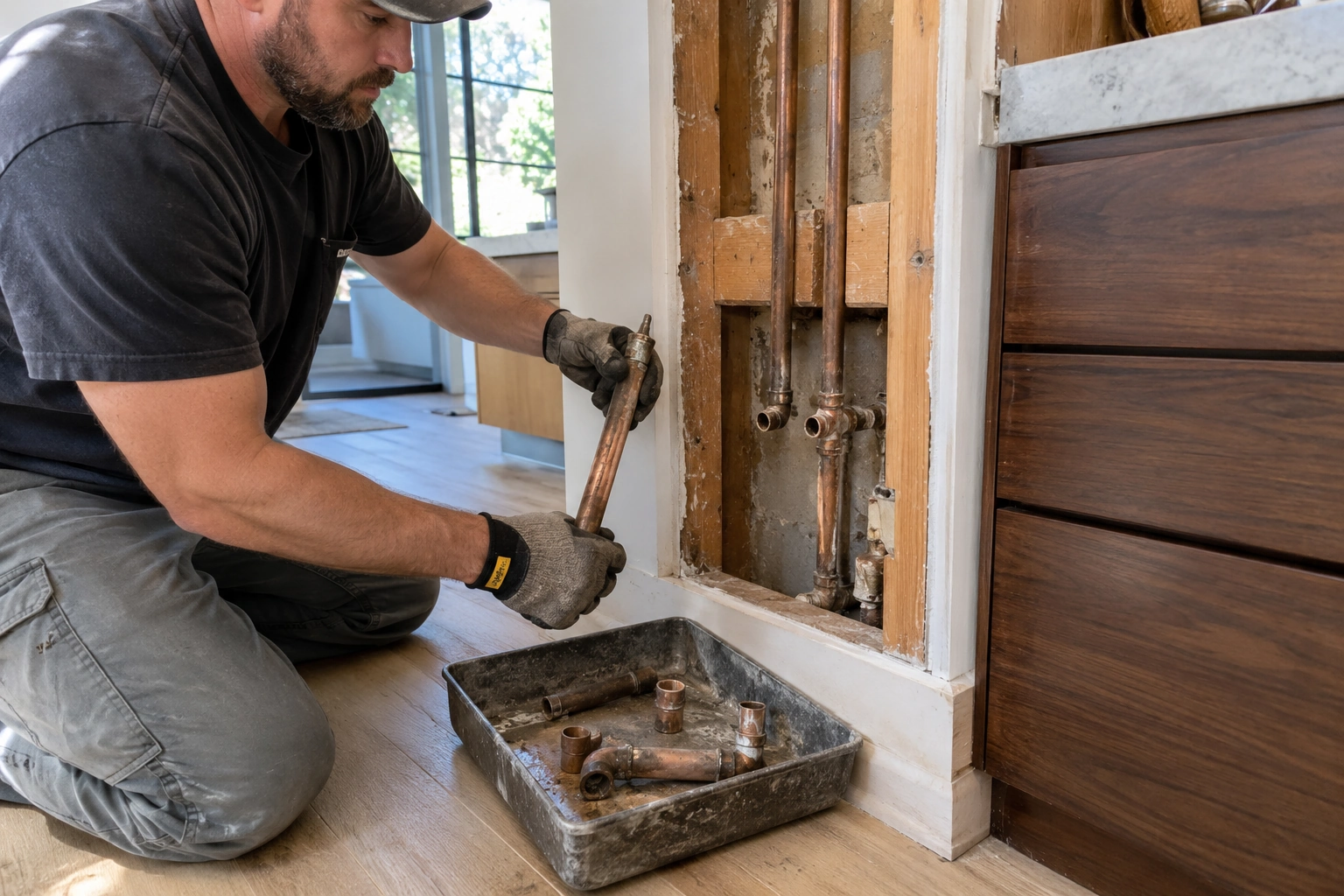 Plumber holding a removed copper pipe section beside disconnected old water lines