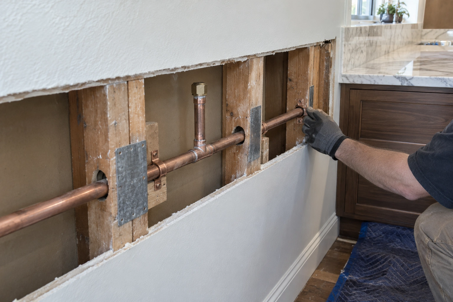 Supported replacement copper line with protected framing penetrations and a temporarily capped branch