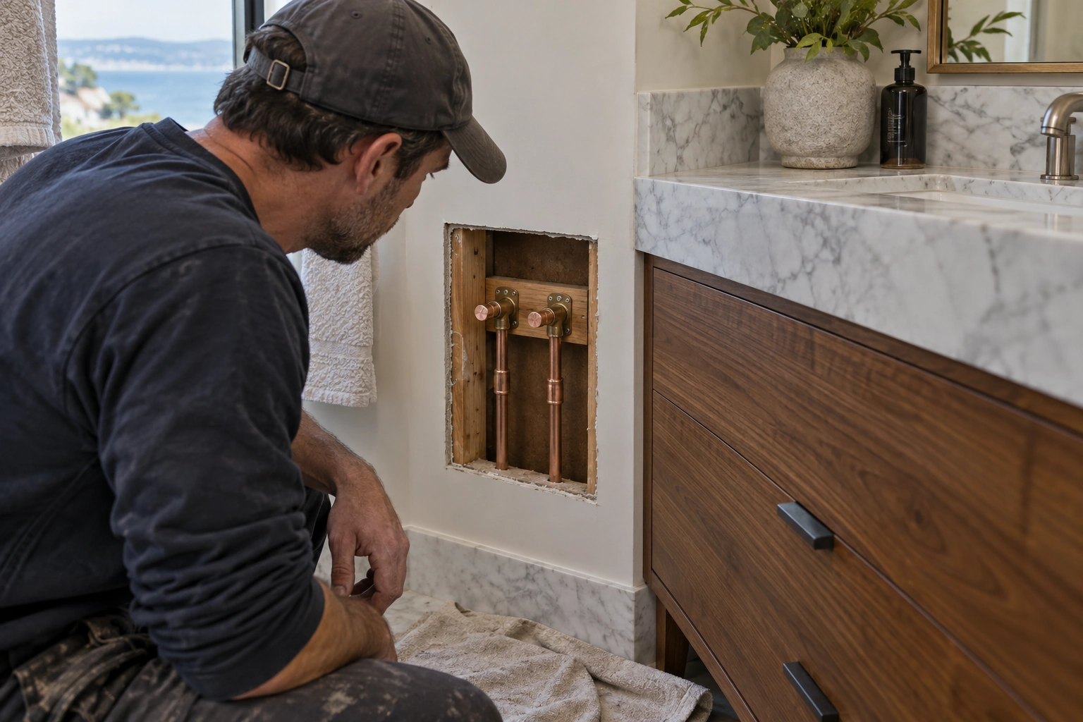 Two independent capped copper fixture outlets secured to blocking beside a bathroom vanity