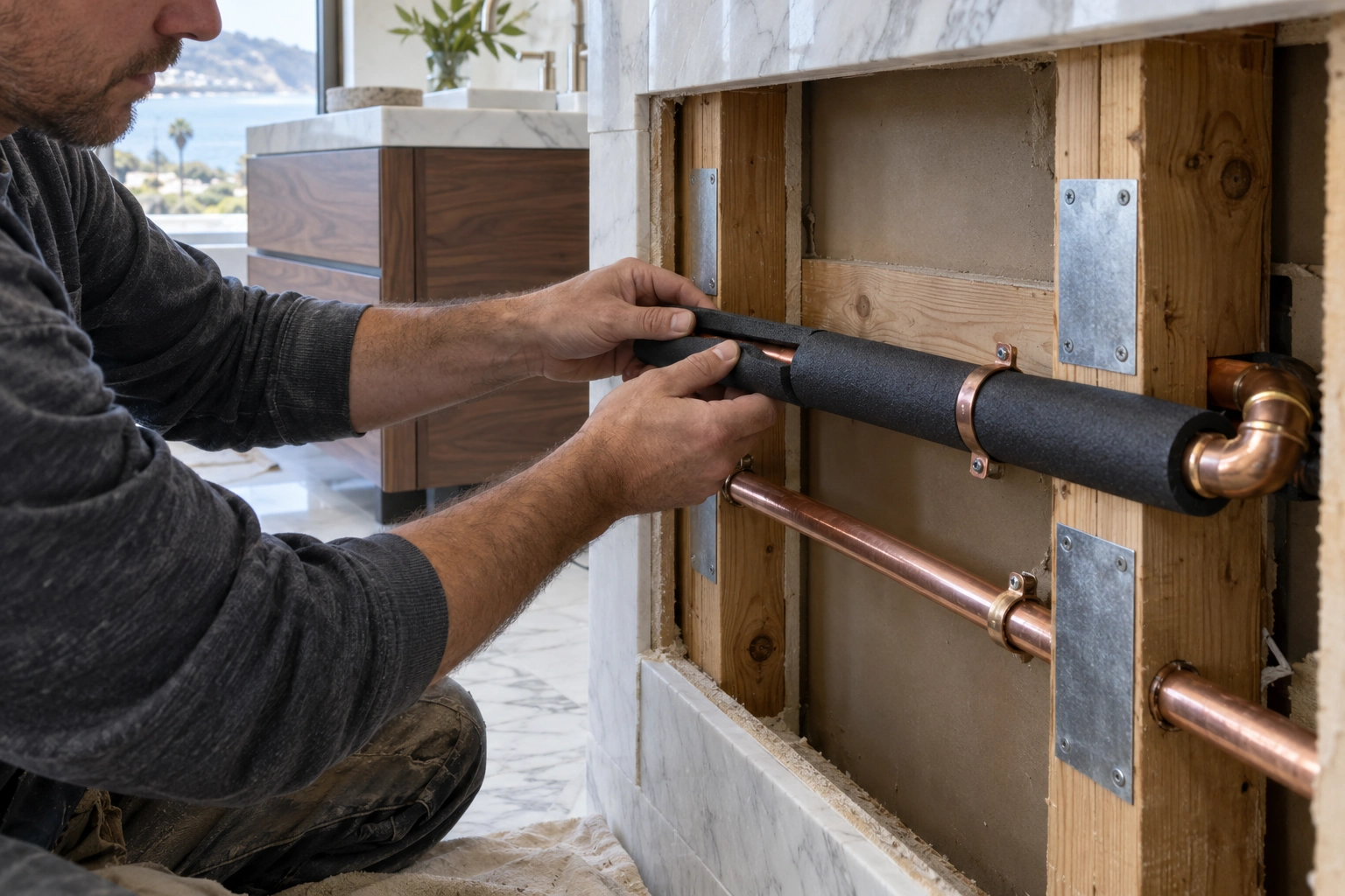 Installer fitting insulation around a hot-water line with a separate cold-water line below