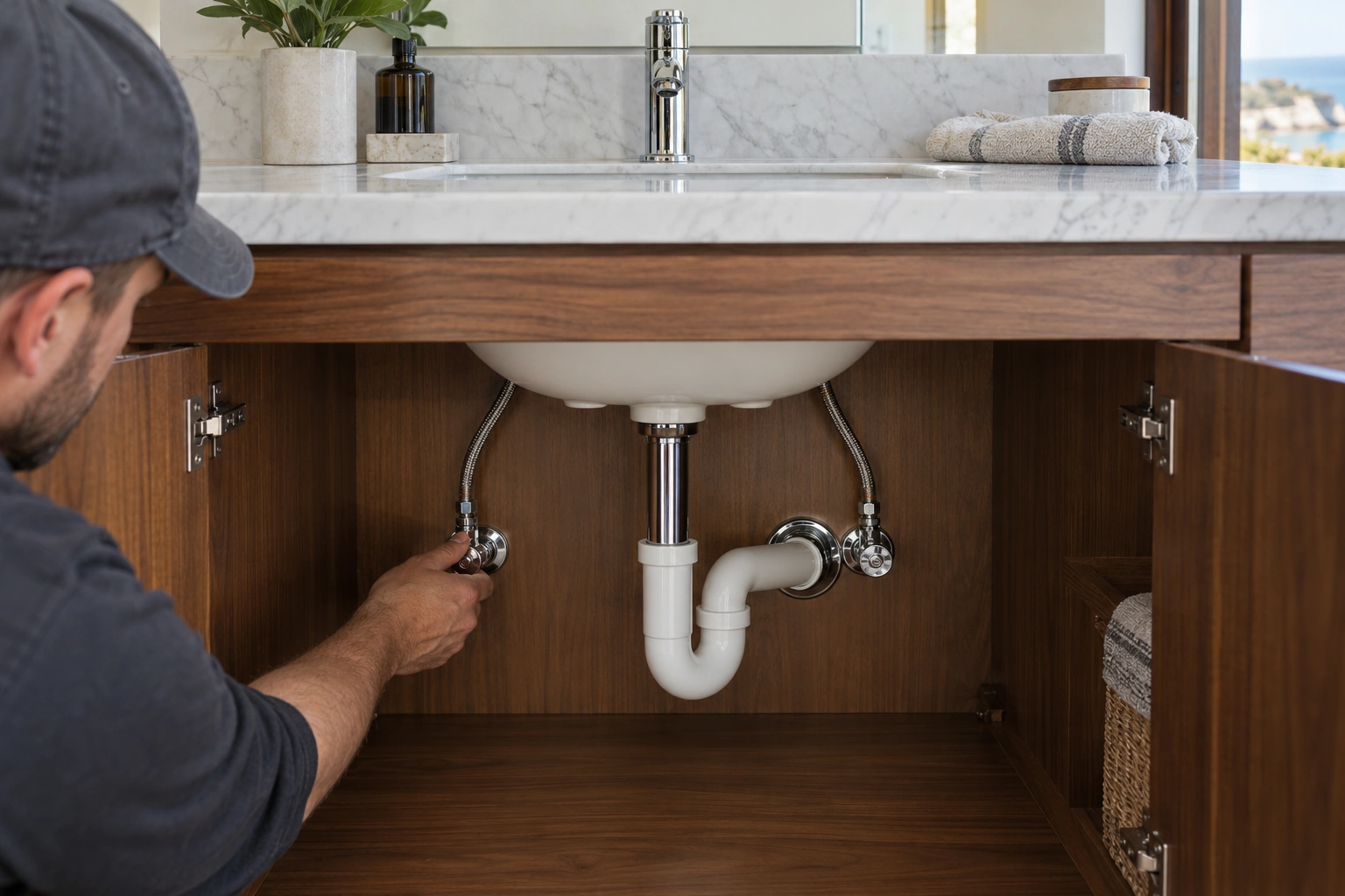 Installer checking a vanity shutoff with two separate braided faucet connectors and an independent rigid drain trap