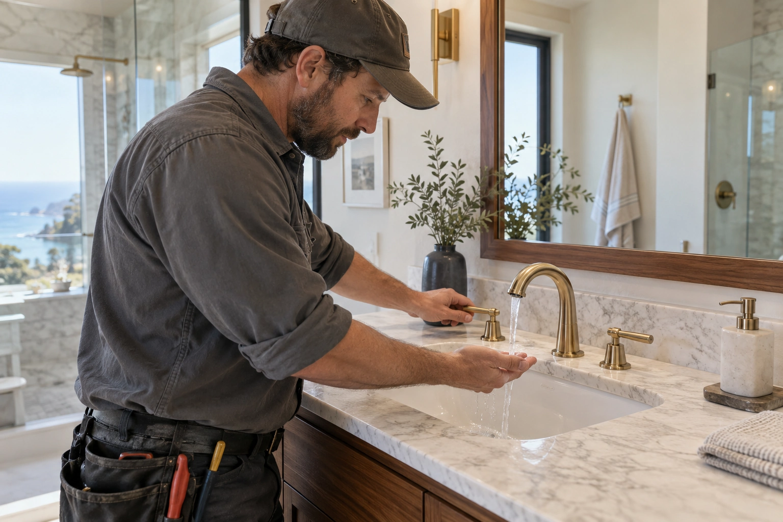 Plumber operating a brass faucet and checking the running water at a finished luxury bathroom basin