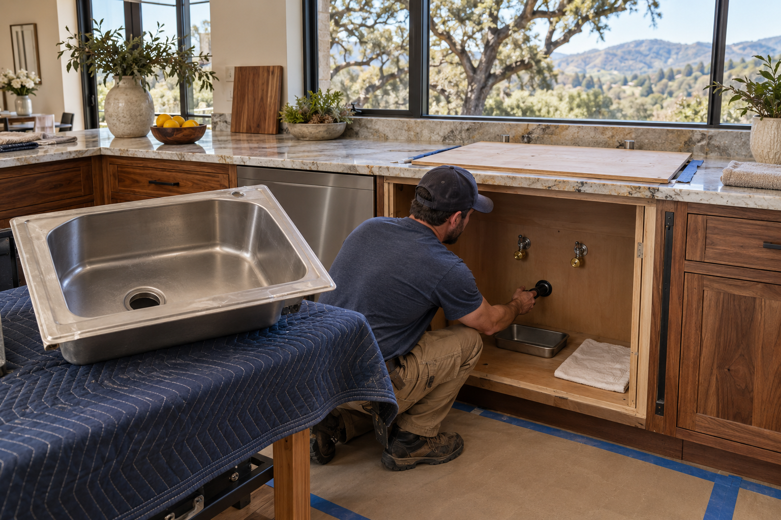 Removed stainless sink resting on a padded workbench while a plumber checks capped connections in the old sink cabinet