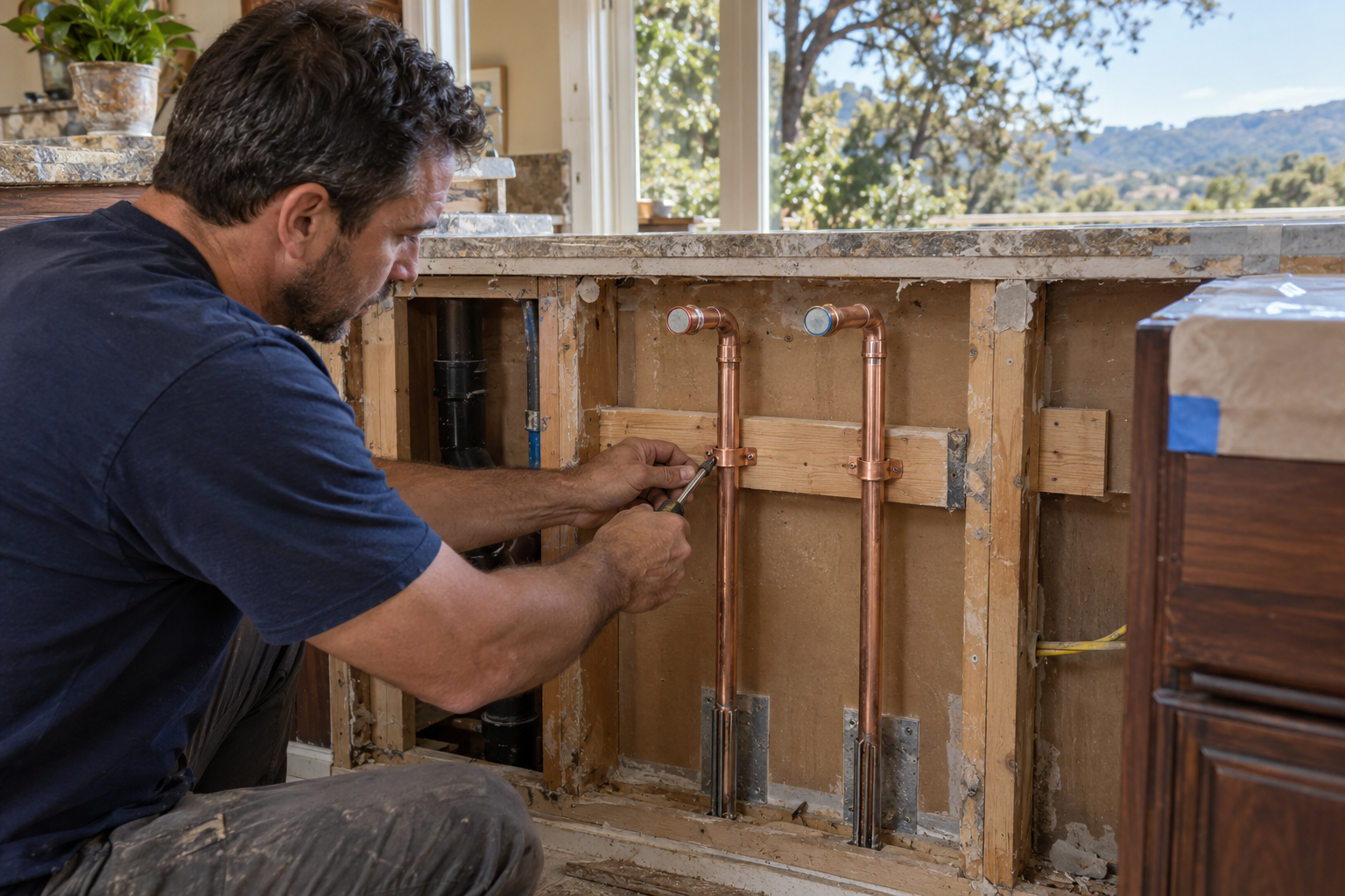 Plumber securing two separate capped copper supply risers in an opened kitchen service wall