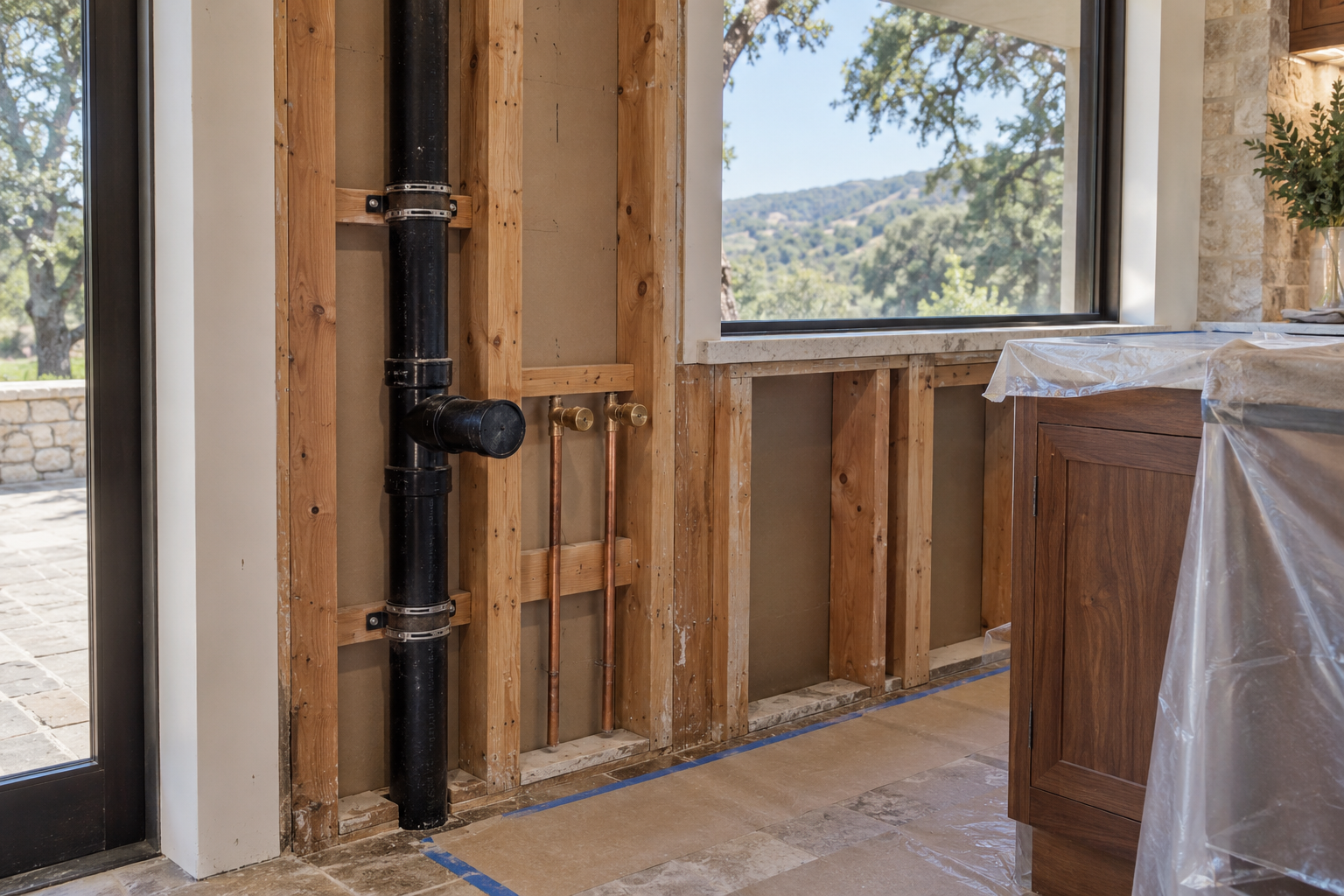 Capped sink drain inlet connected to an upright black ABS drain-and-vent stack in a wall bay beside a window