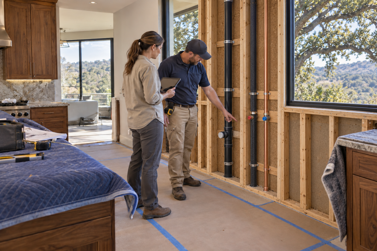 Two professionals reviewing exposed water supplies and a vertical vent in a kitchen service-wall pier beside the window