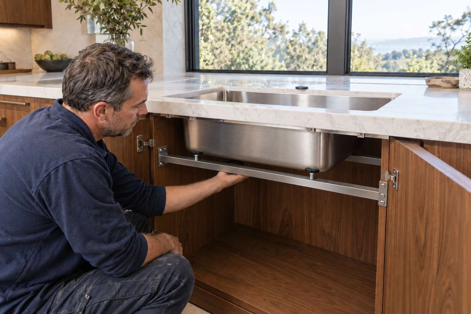 Installer checking cabinet-mounted support rails and padded supports beneath a stainless undermount sink