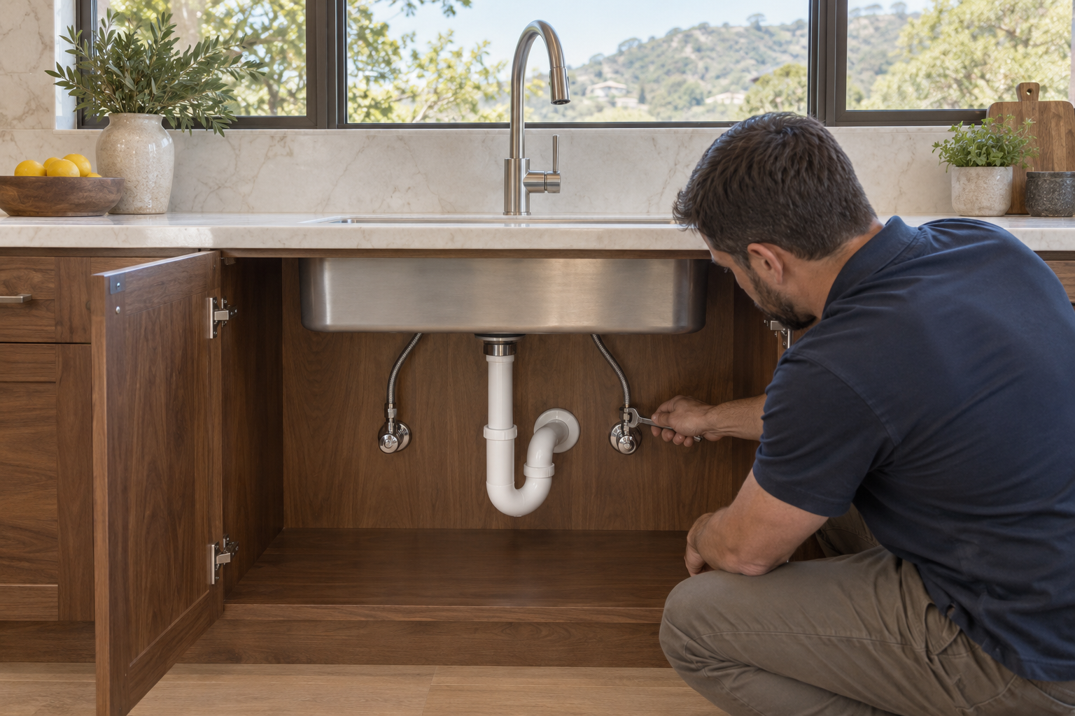 Installer checking separate faucet water connectors and accessible shutoffs beside a rigid kitchen sink P-trap