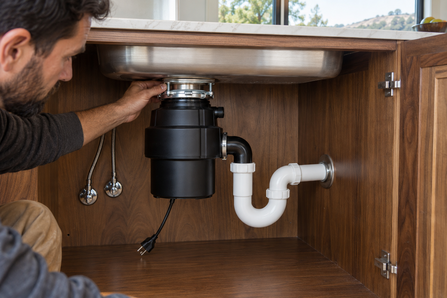 Installer inspecting a sink-mounted disposer with a side discharge connected to one rigid P-trap and a wall drain