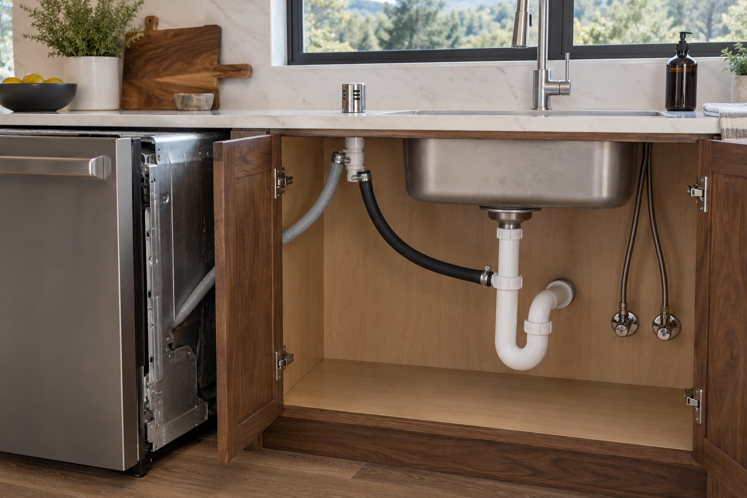Dishwasher drain hose rising to a vented countertop air gap with a separate outlet descending to the sink tailpiece above the trap