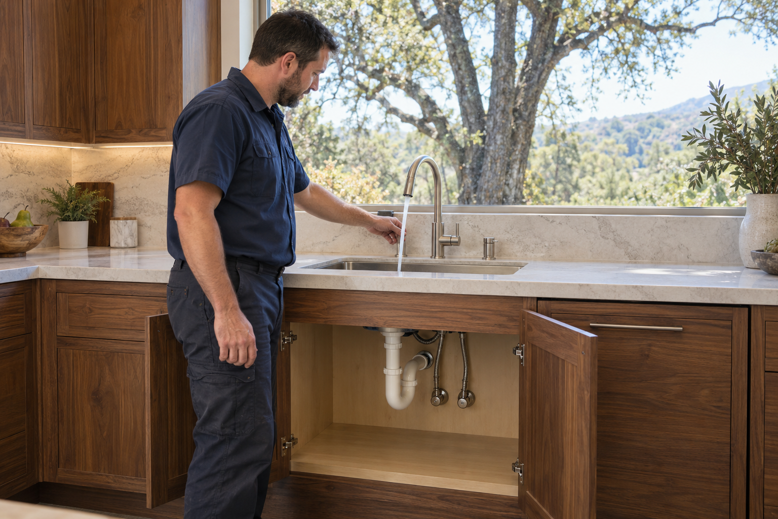 Plumber operating the faucet at a finished marble and walnut kitchen sink with accessible under-cabinet connections