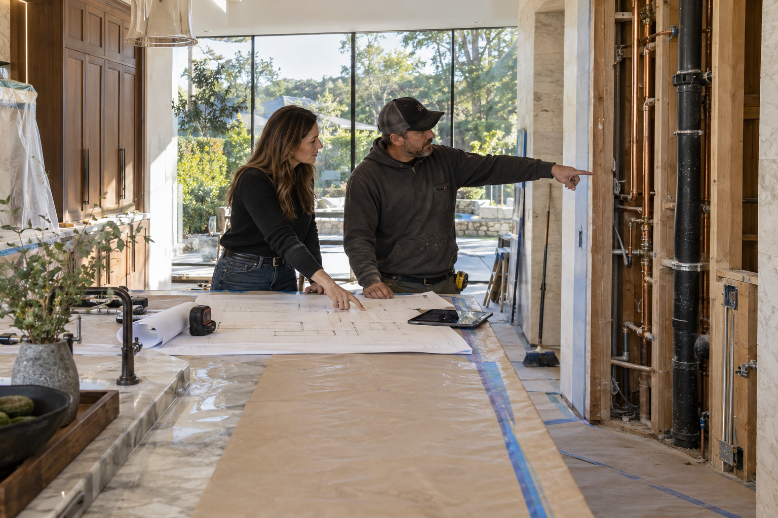 Plumber and designer comparing a revised kitchen plan with exposed existing water and drainage routes