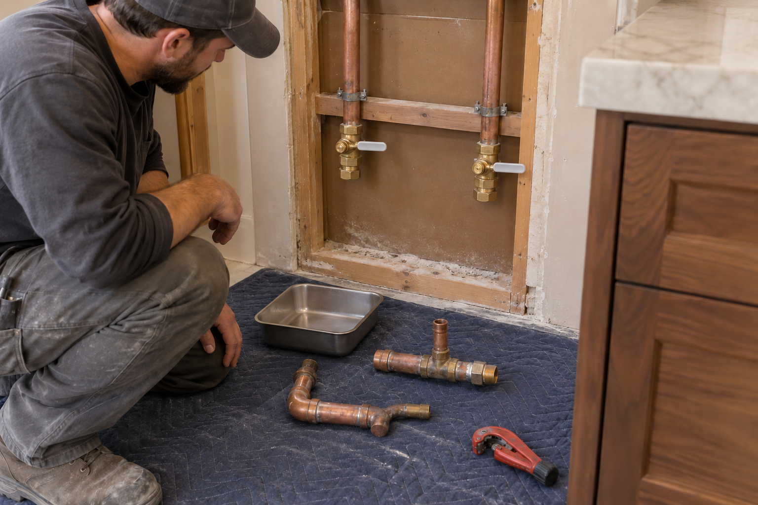 Closed and temporarily capped water valves above disconnected copper branch assemblies on a protected floor