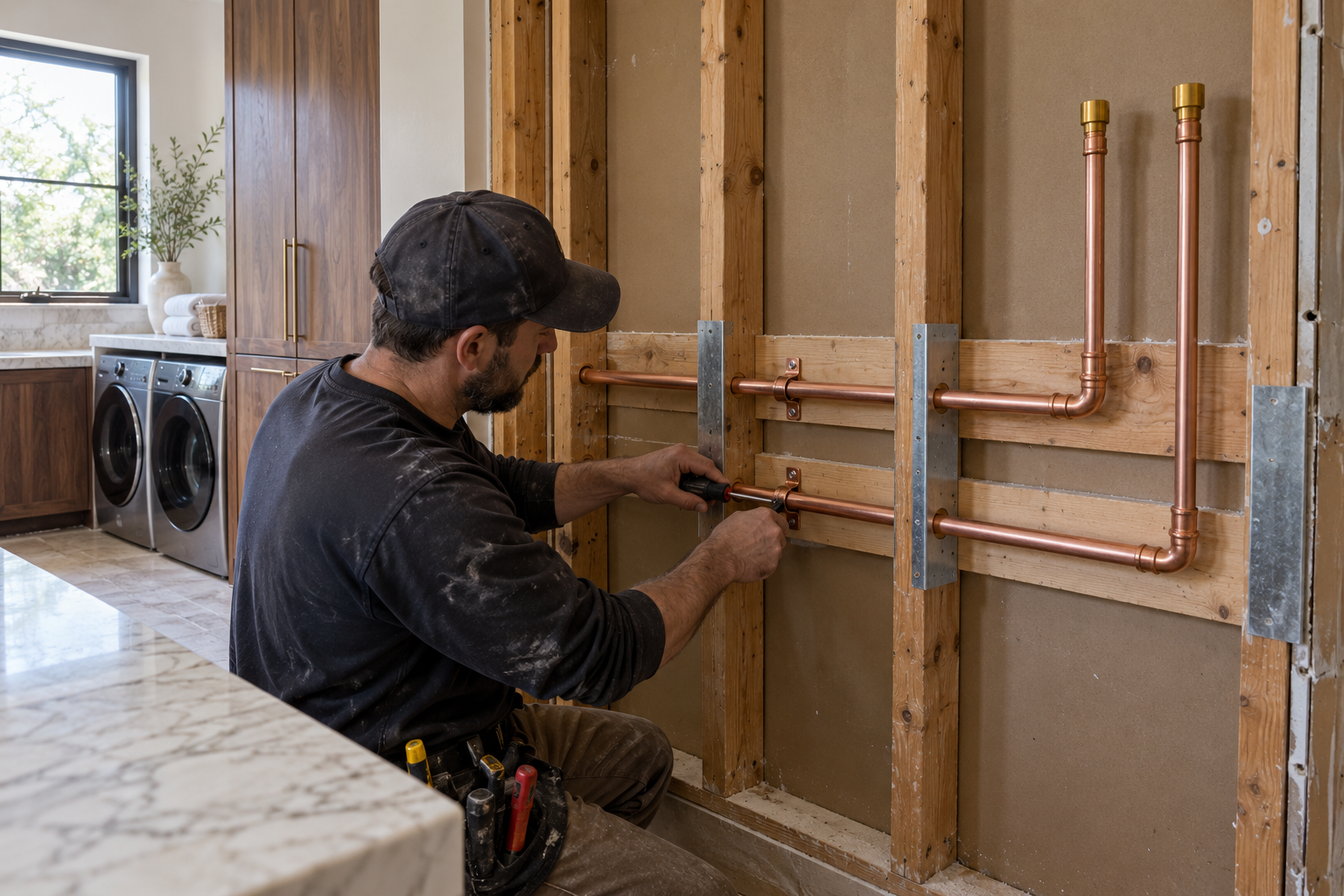 Two independent copper supply lines routed through protected framing to separate capped rough-in positions