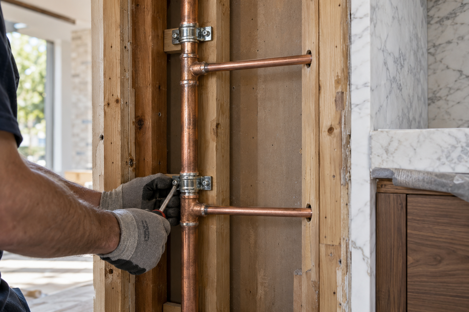 Copper water distribution trunk with two branch connections supported on timber blocking