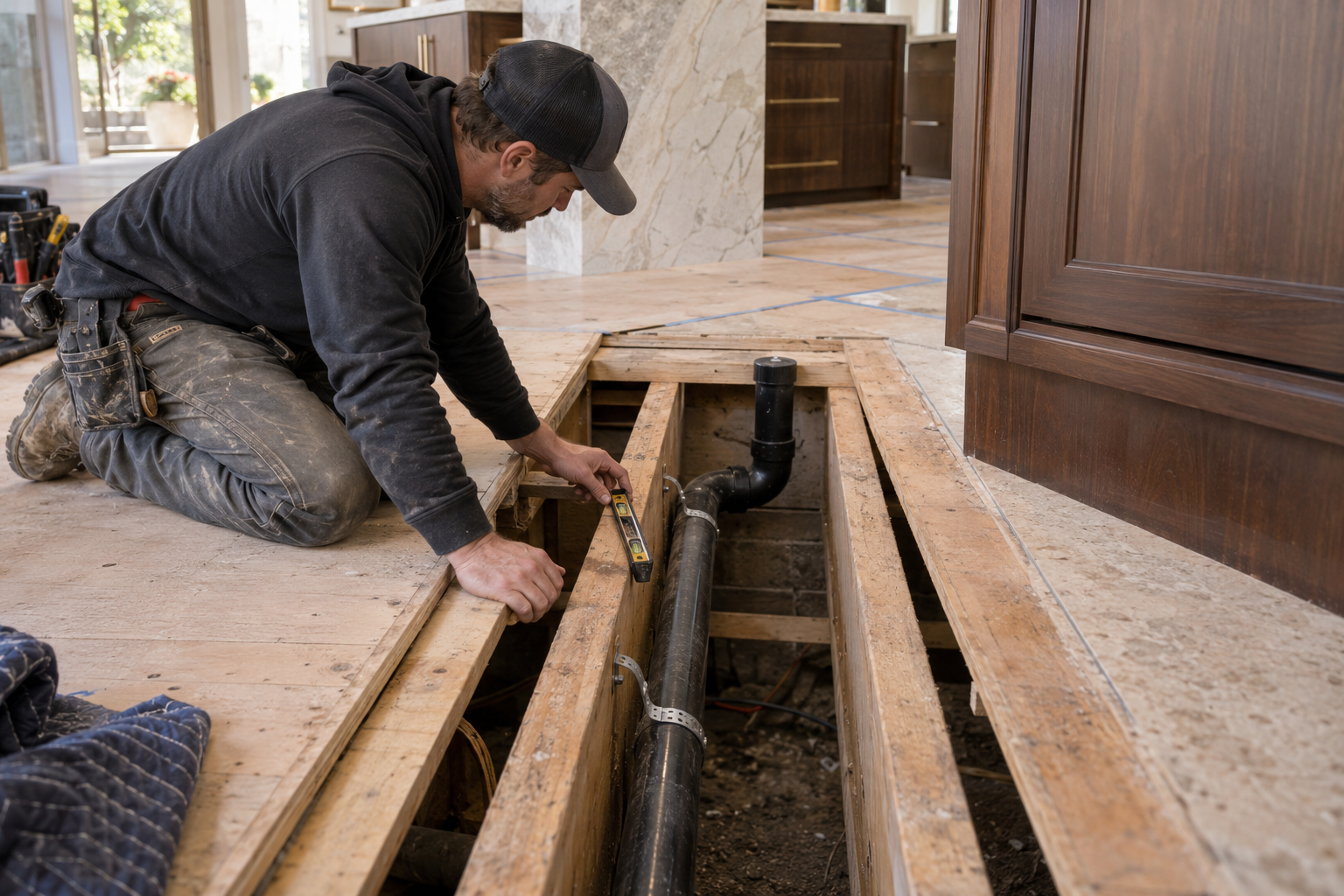 Supported ABS drain branch routed between intact floor joists toward a temporarily capped riser