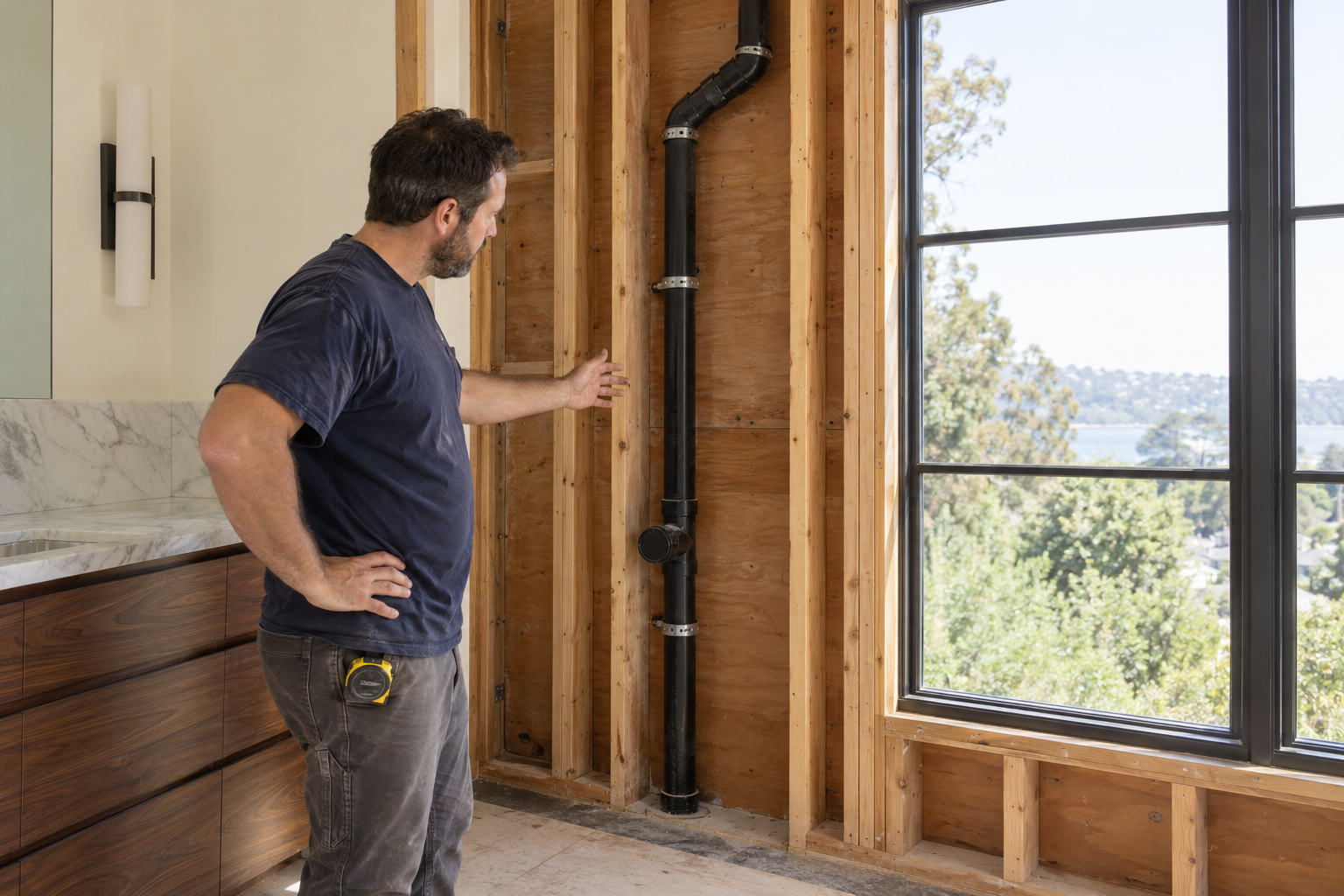 Vertical ABS drain and vent with a capped fixture inlet and a high offset beside a window