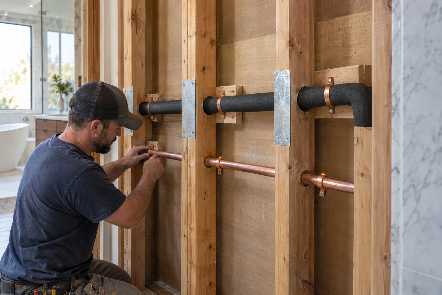 Insulated hot-water line and separate bare copper supply with support clamps and protective plates in an opened wall