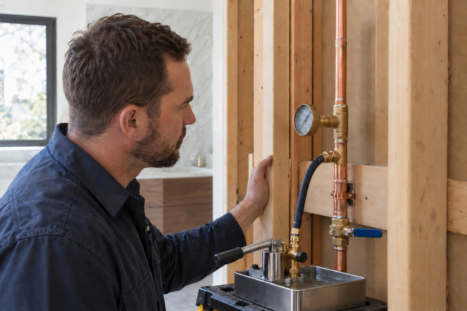 Plumber viewing a gauge on a copper water circuit connected to a manual test pump with a water-filled reservoir