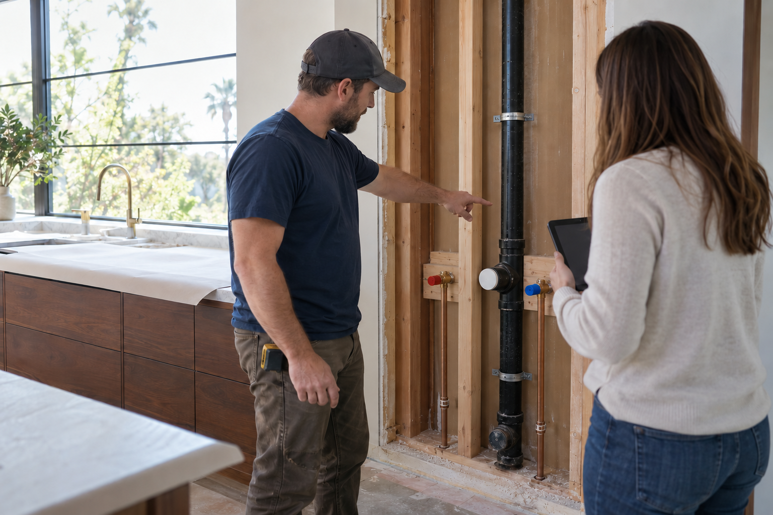 Plumber and reviewer examining a capped drain inlet, upward vent, cleanout, and separate water connections in an open kitchen wall