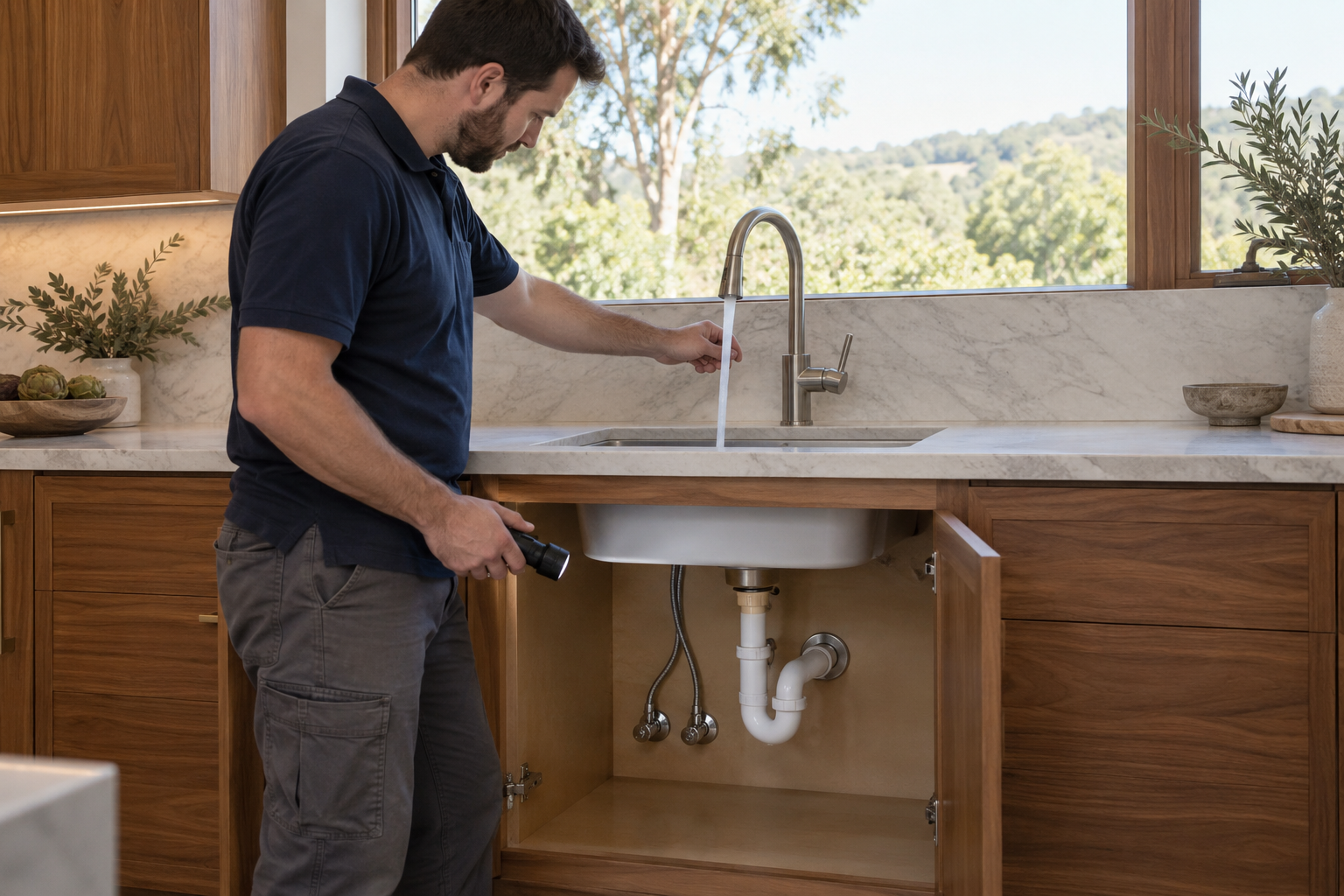 Plumber checking a running kitchen faucet and accessible supply connectors and rigid P-trap in a finished walnut cabinet