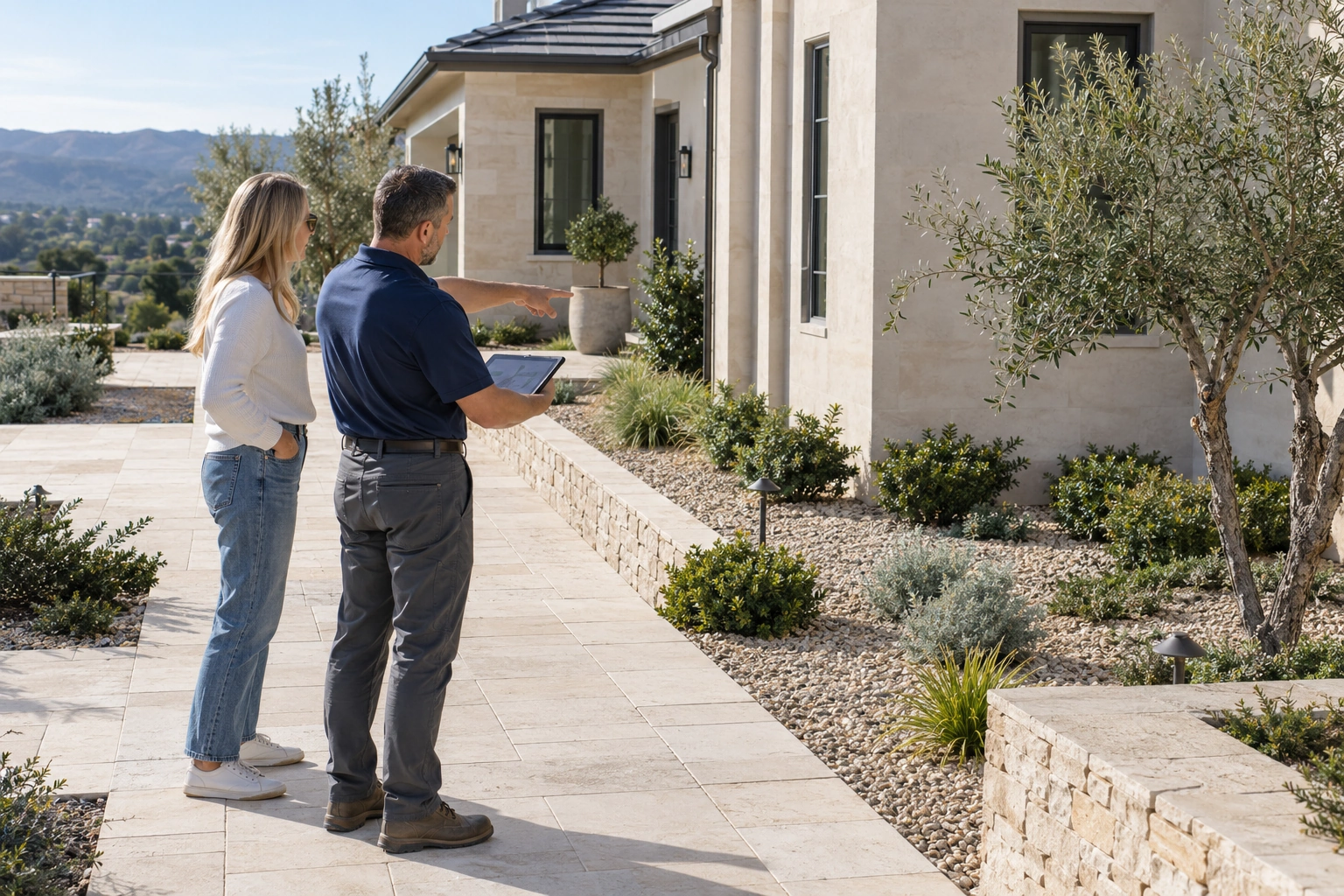 Installer and homeowner discussing a proposed perimeter sprinkler route at a luxury California residence
