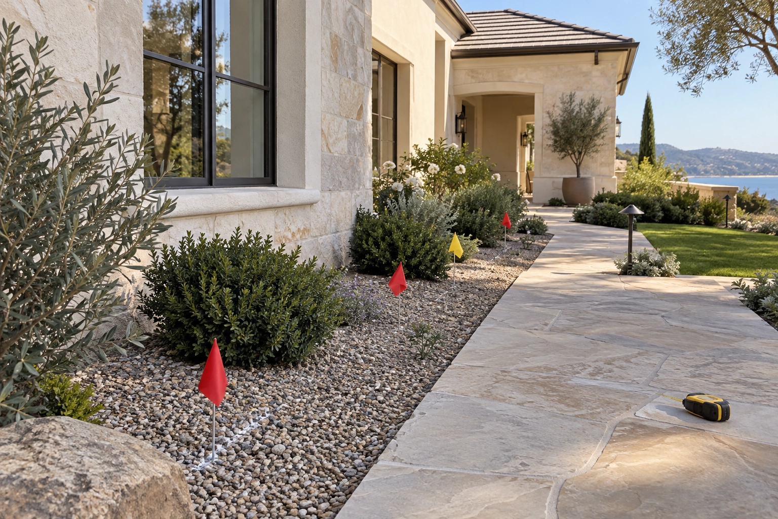 Small planning flags marking a landscape border beside a luxury-home stone walkway