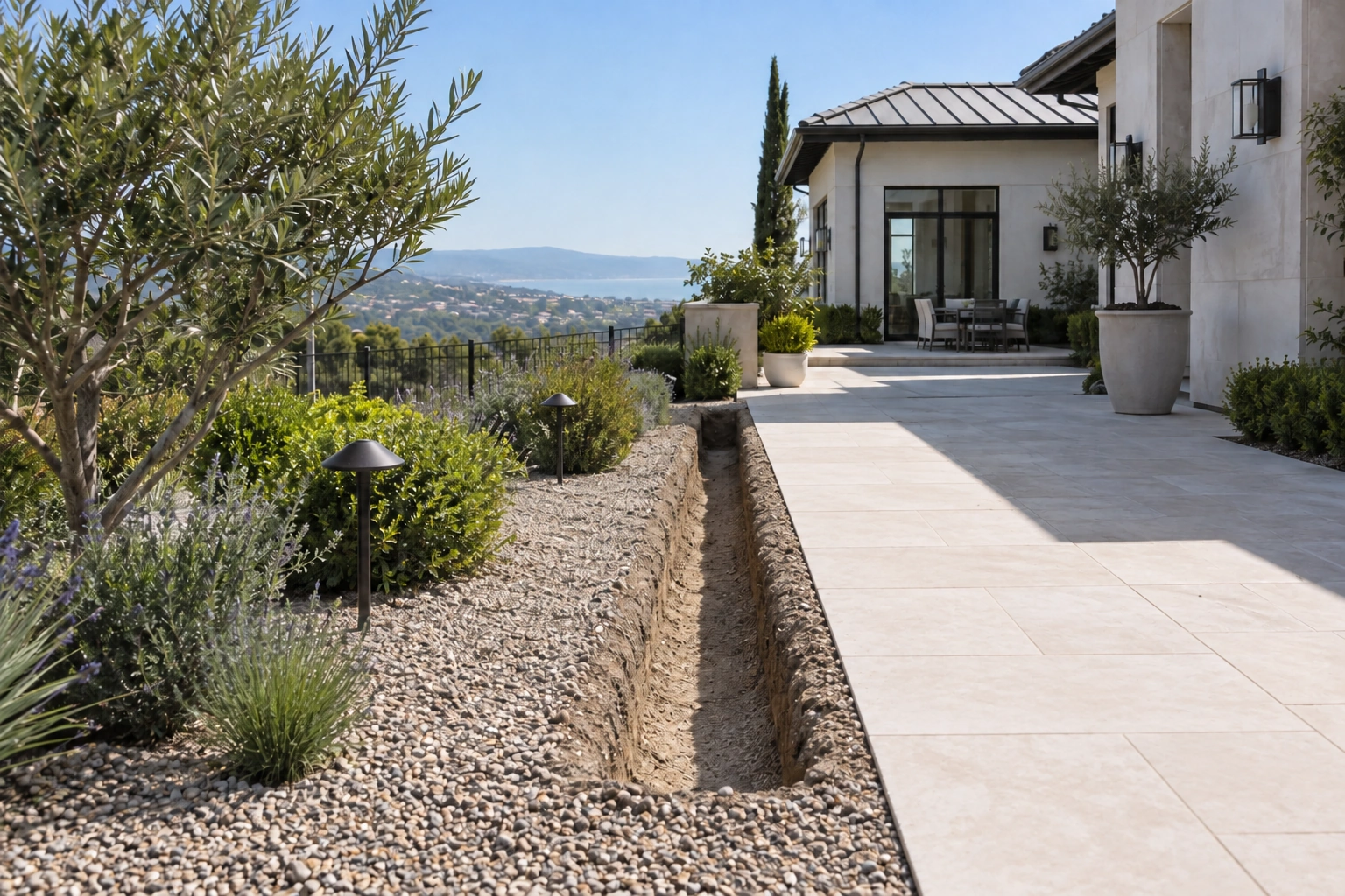 Open landscape trench with clear edges beside a stone terrace and maintained garden border