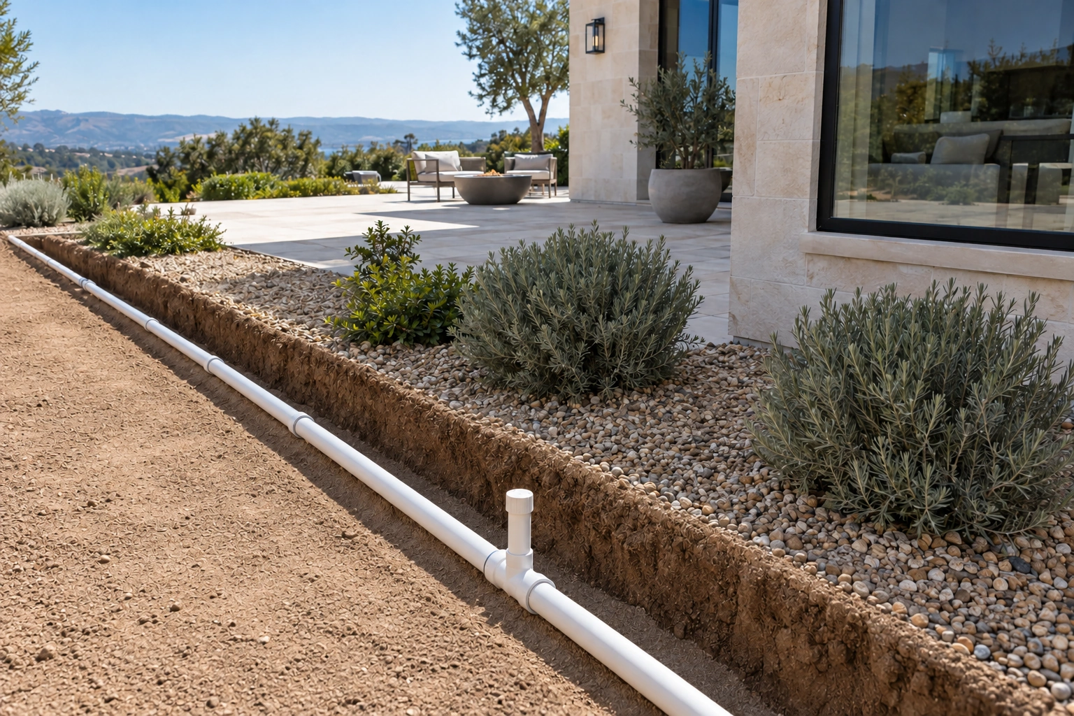 White pressure-water pipe with a capped branch resting on fine bedding in a landscape trench
