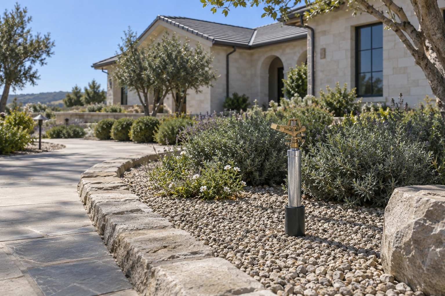 Brass perimeter sprinkler on a stable metal riser set within a gravel garden bed away from a stone path