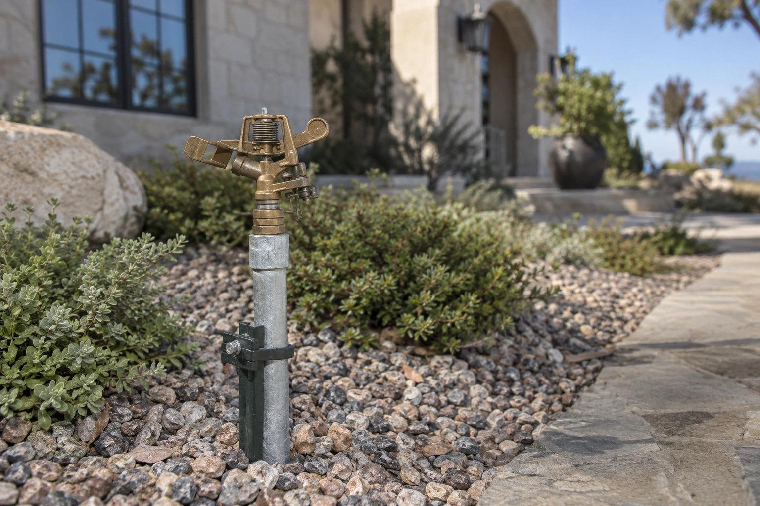 Close detail of an outdoor perimeter sprinkler on a short supported riser in a landscaped gravel border