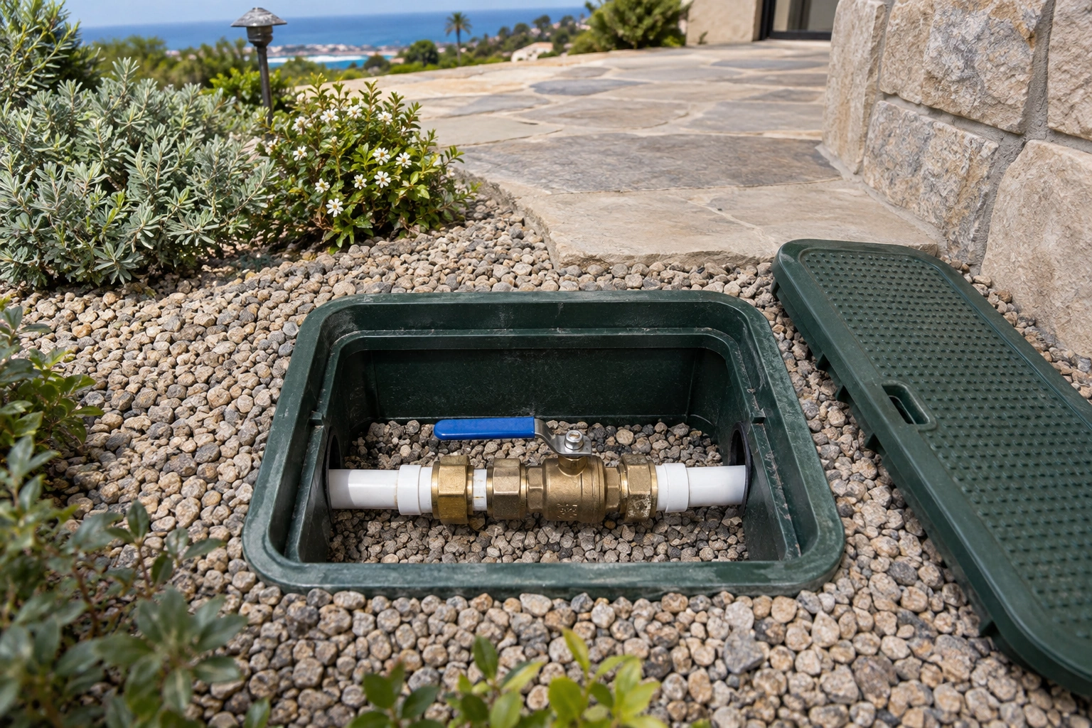 Accessible manual zone valve and continuous water piping inside an open landscape valve box