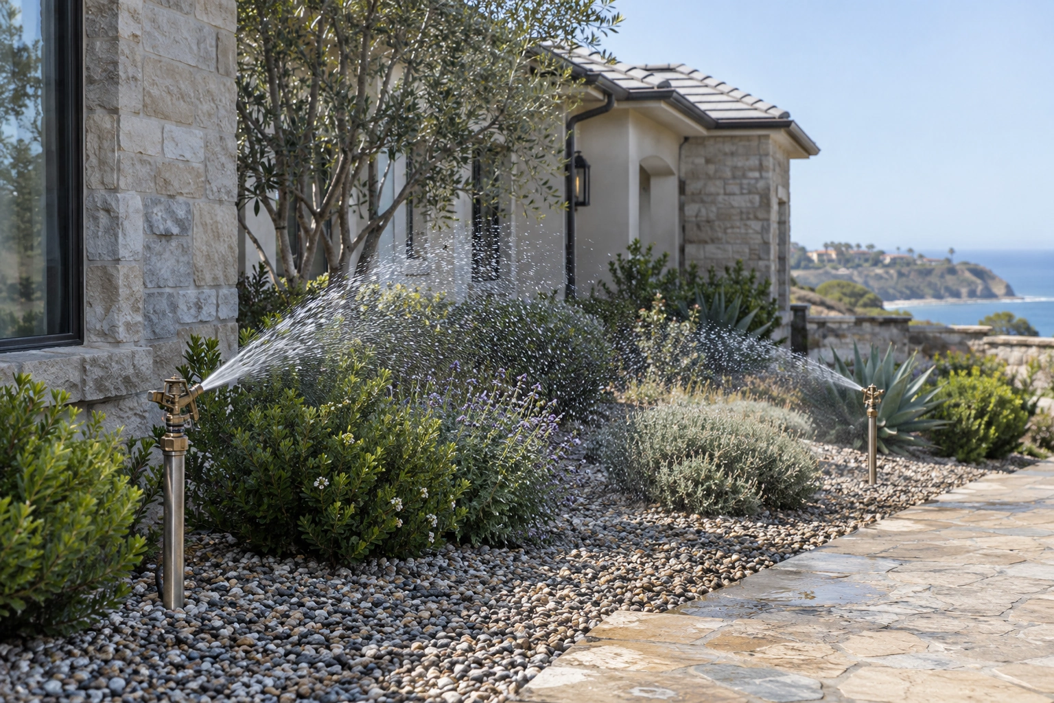 Two ground-mounted sprinklers sending visible water arcs into a maintained landscape border at a luxury home