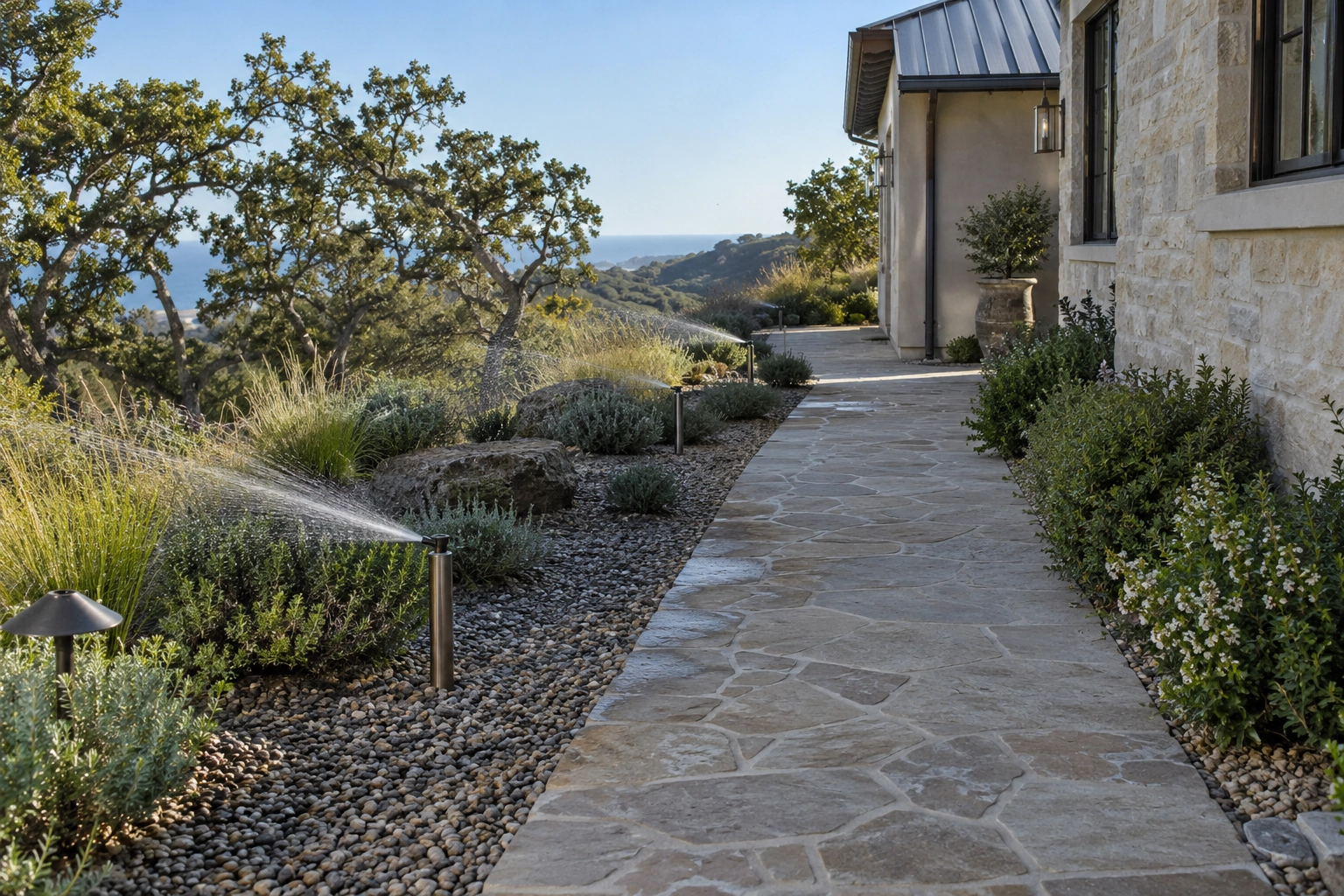 Low sprinklers operating along the planted borders of an upscale side yard beside a clear walkway