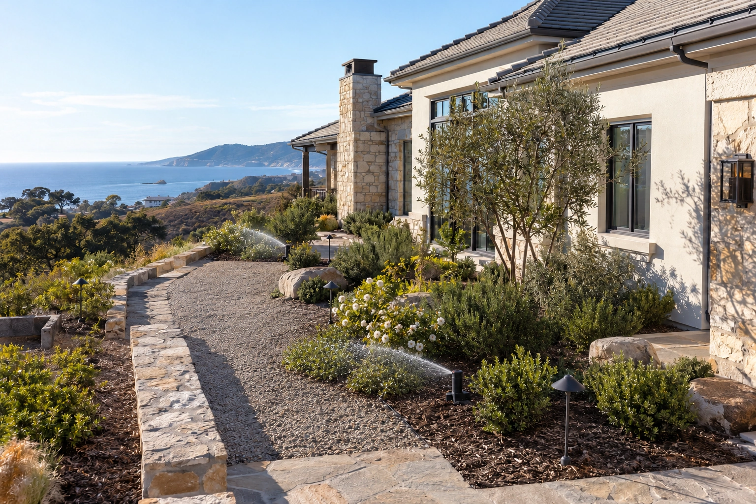 Luxury California estate with ground-mounted perimeter sprinklers operating around maintained landscape zones