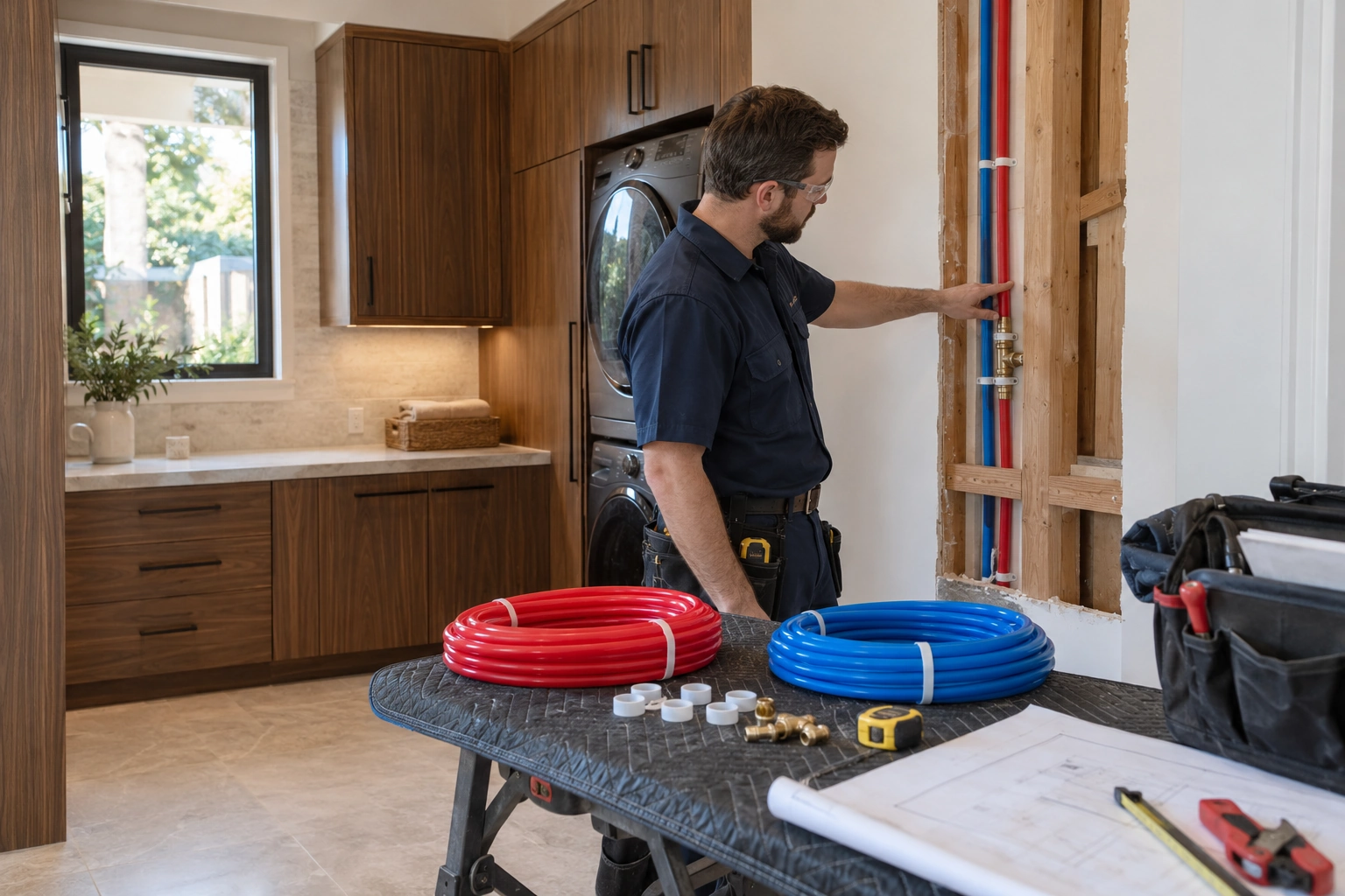 Plumber reviewing PEX materials and a water-line route in a luxury home utility room