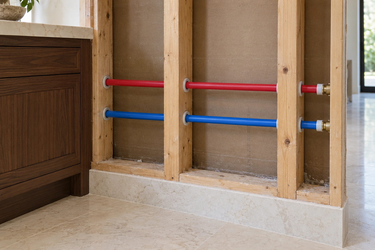 Separate red and blue PEX lines passing through sleeved side bores in intact wall studs