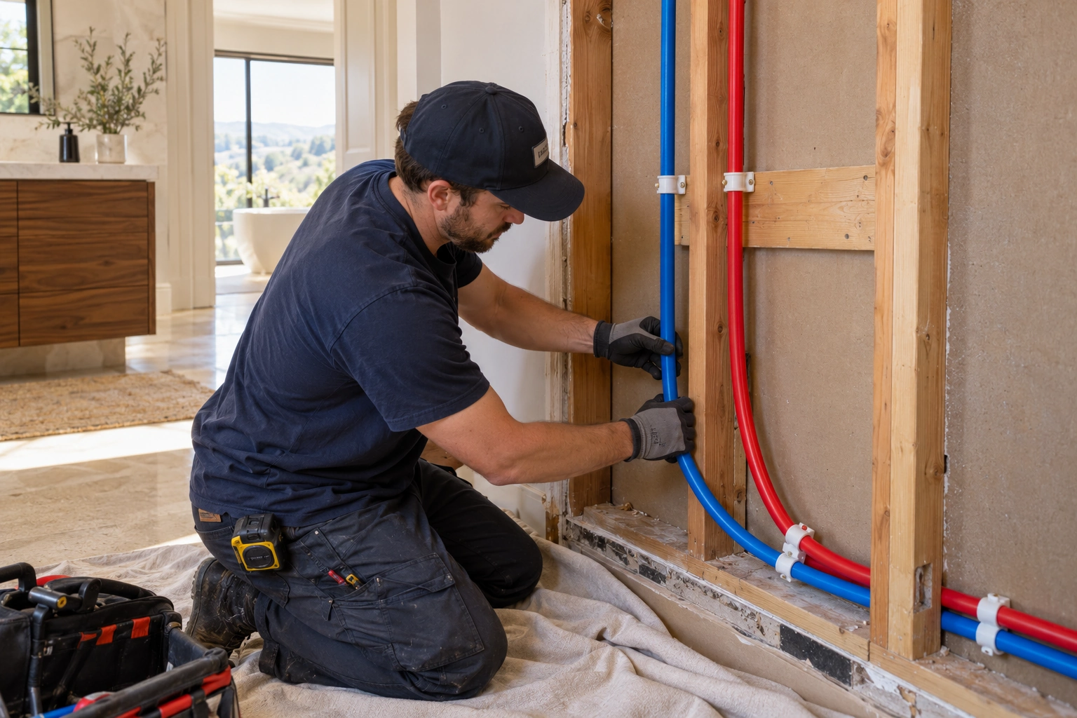 Installer guiding separate red and blue PEX lines around broad supported bends in an open wall
