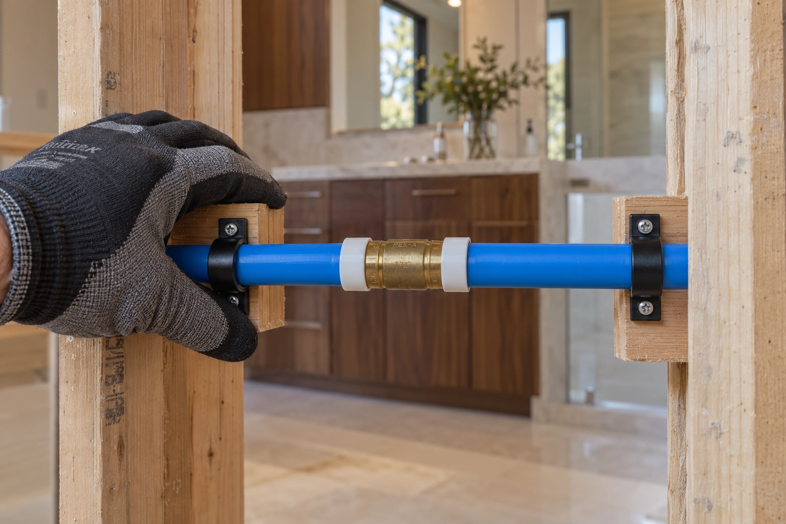 Close view of a blue PEX line joined with a brass coupling and two white expansion rings
