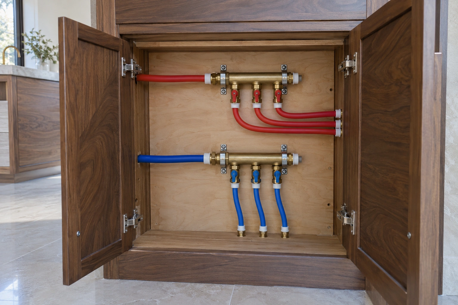 Separate hot and cold water manifolds with individual branch shutoffs inside an open walnut utility cupboard