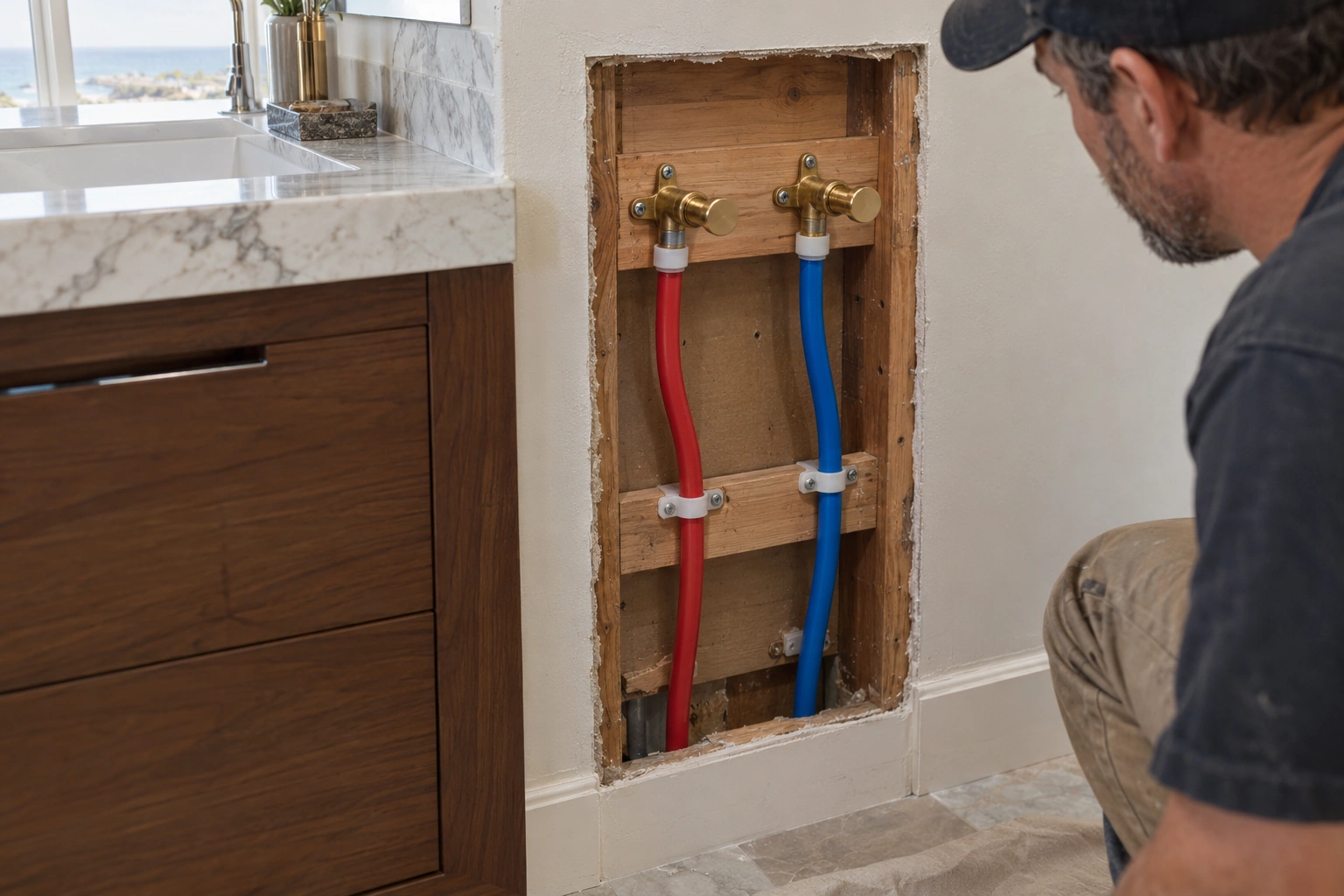 Separate red and blue PEX lines connected to capped brass fixture outlets mounted on wood blocking