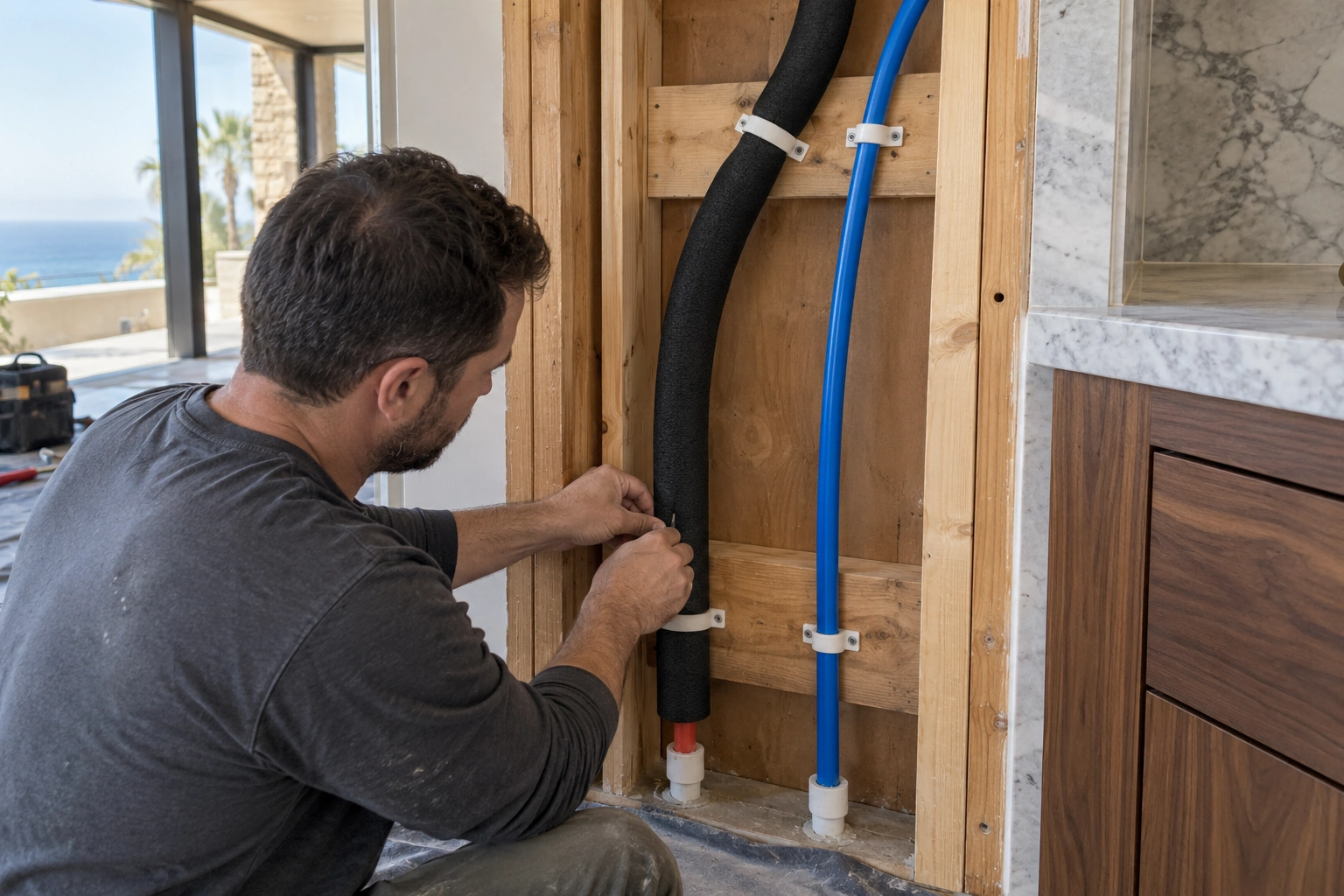 Installer closing insulation around a hot PEX line beside a separately supported blue cold-water line