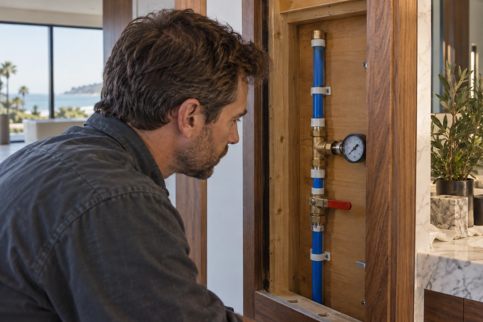 Plumber reviewing a pressure gauge on a capped blue PEX water branch above a closed valve
